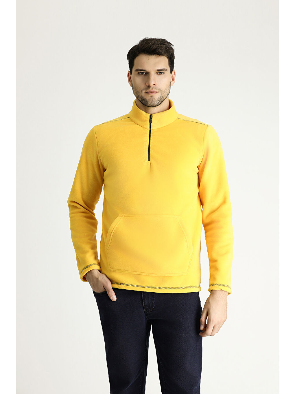 Sarı Yarım Fermuarlı Polar Büyük Beden Sweatshirt-2