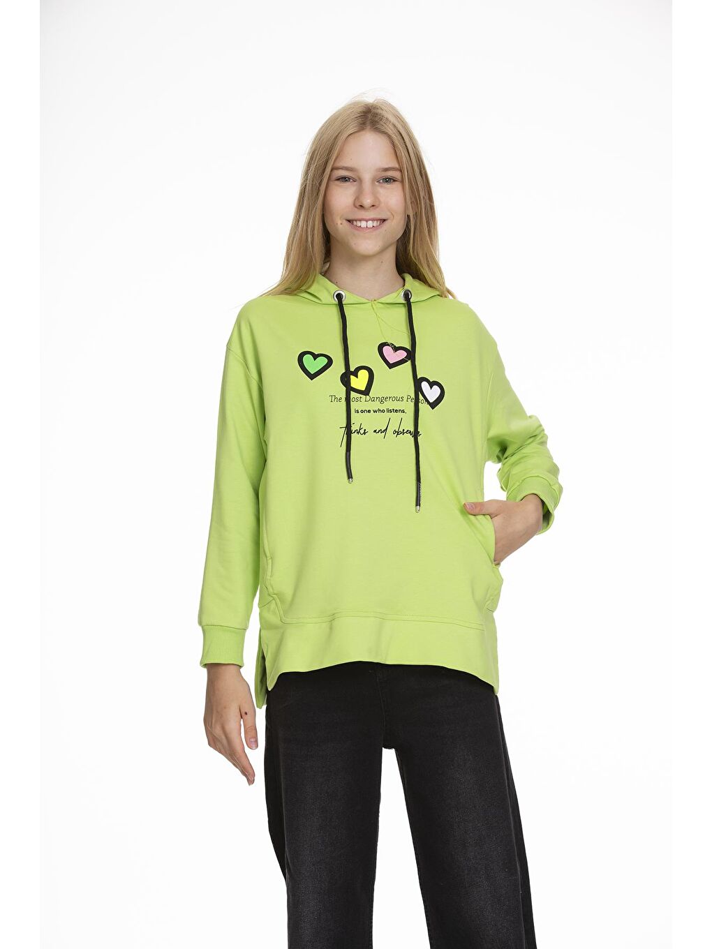 Yeşil Kız Çocuk Kalp Baskılı Hoodie 9-14 Yaş Lx161