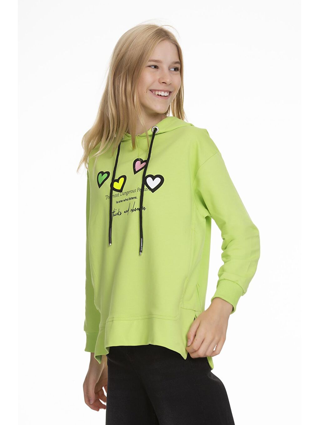 Yeşil Kız Çocuk Kalp Baskılı Hoodie 9-14 Yaş Lx161-1