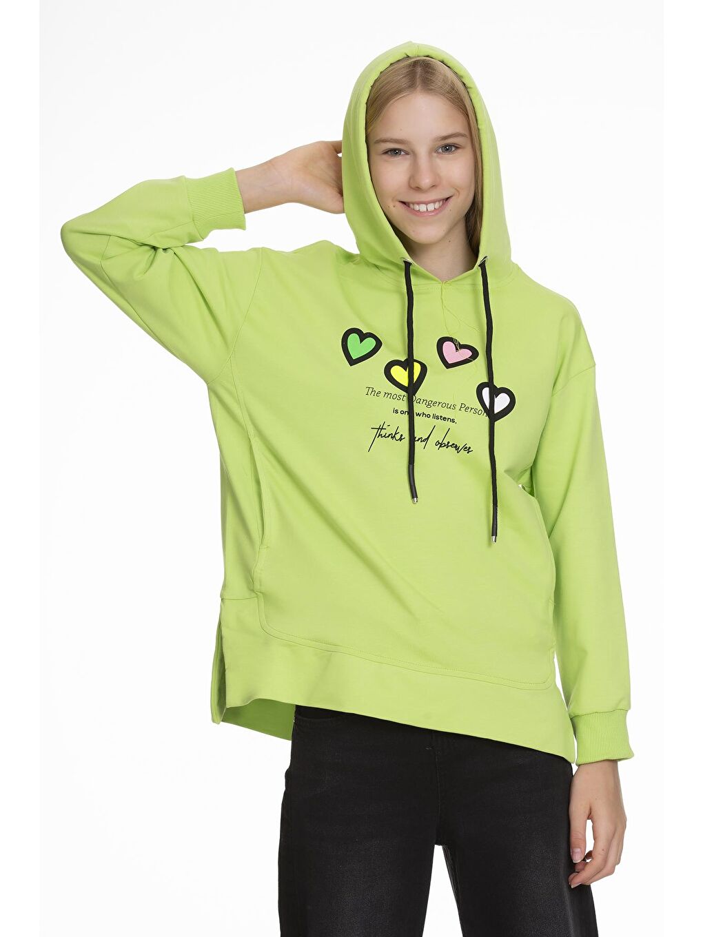 Yeşil Kız Çocuk Kalp Baskılı Hoodie 9-14 Yaş Lx161-2