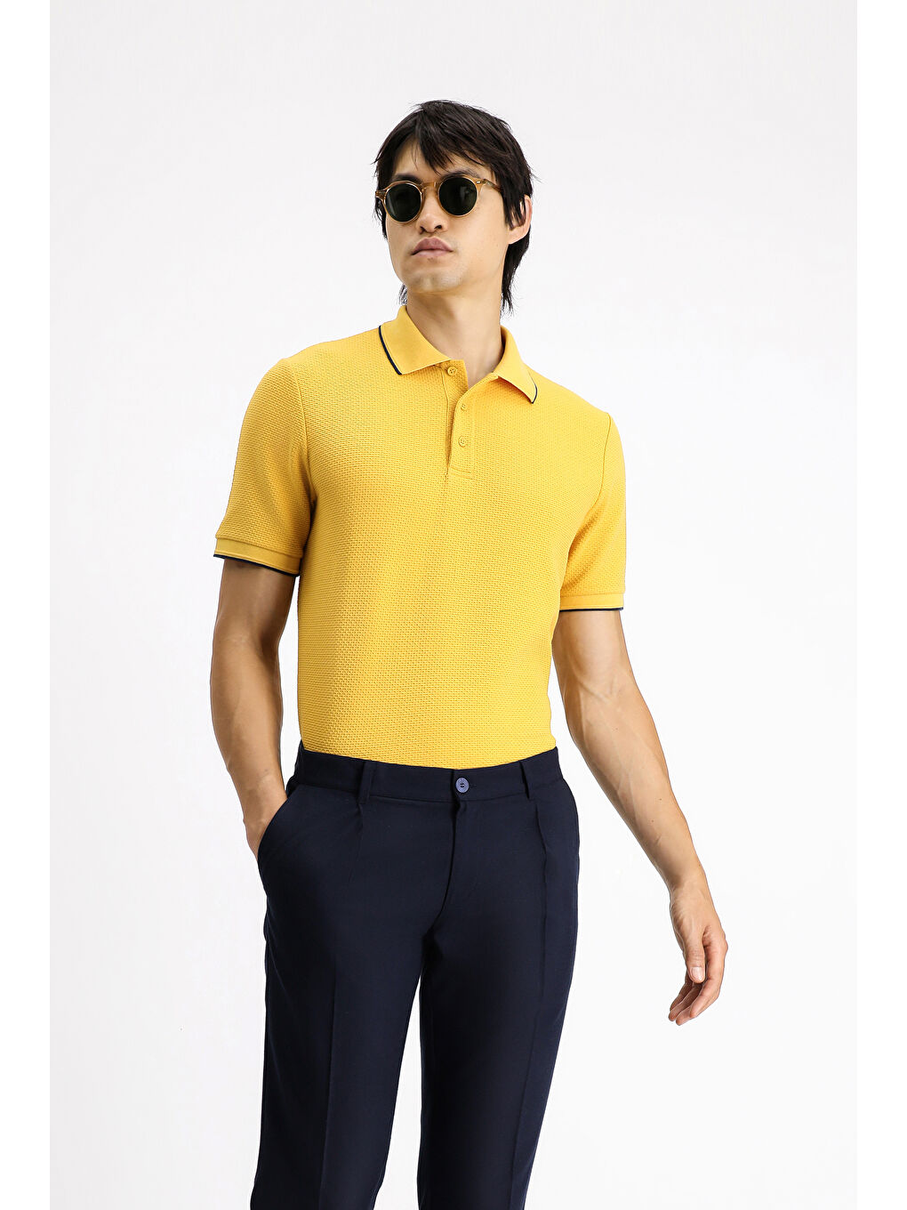 Sarı Regular Fit Desenli Elastanlı Polo Yaka Tişört-2