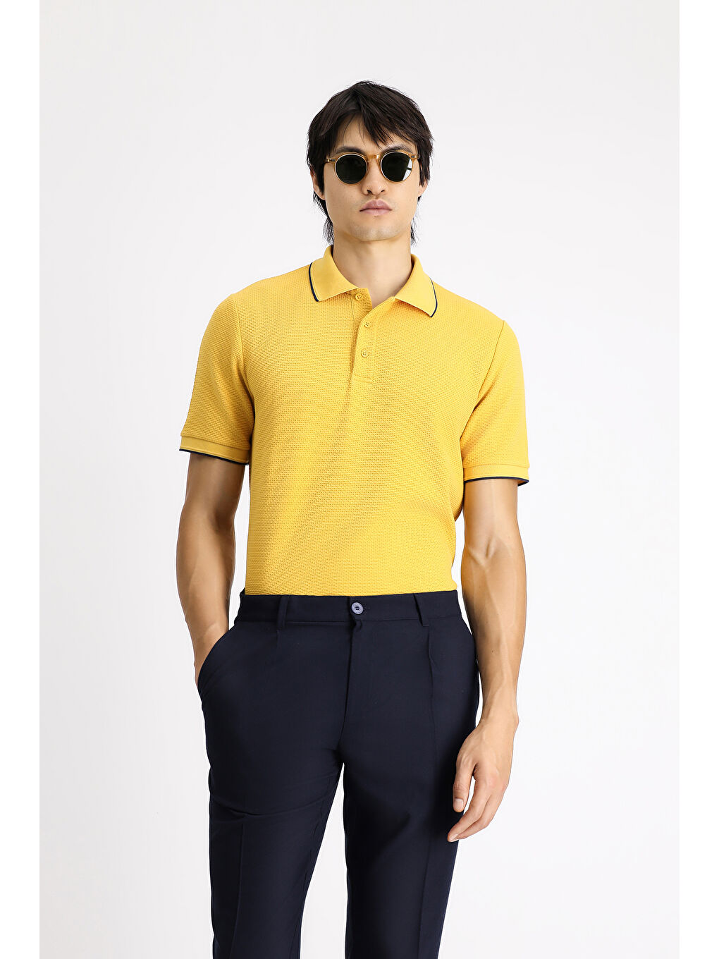 Sarı Regular Fit Desenli Elastanlı Polo Yaka Tişört-3