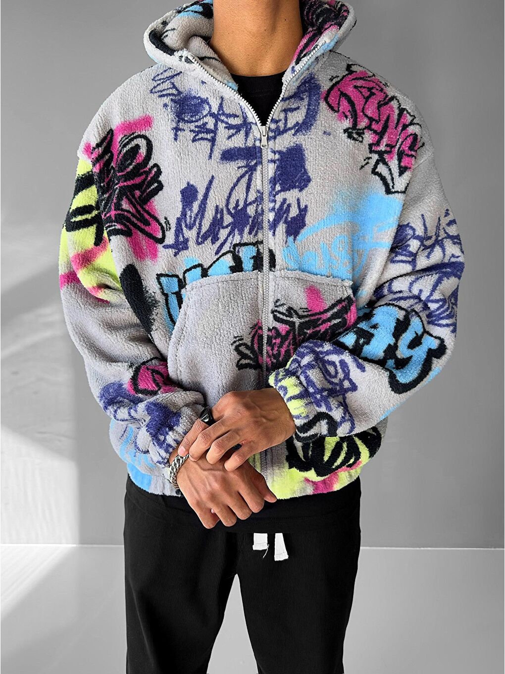 Oversize Graffiti Erkek Fermuarlı Sweatshirt Hırka Gri