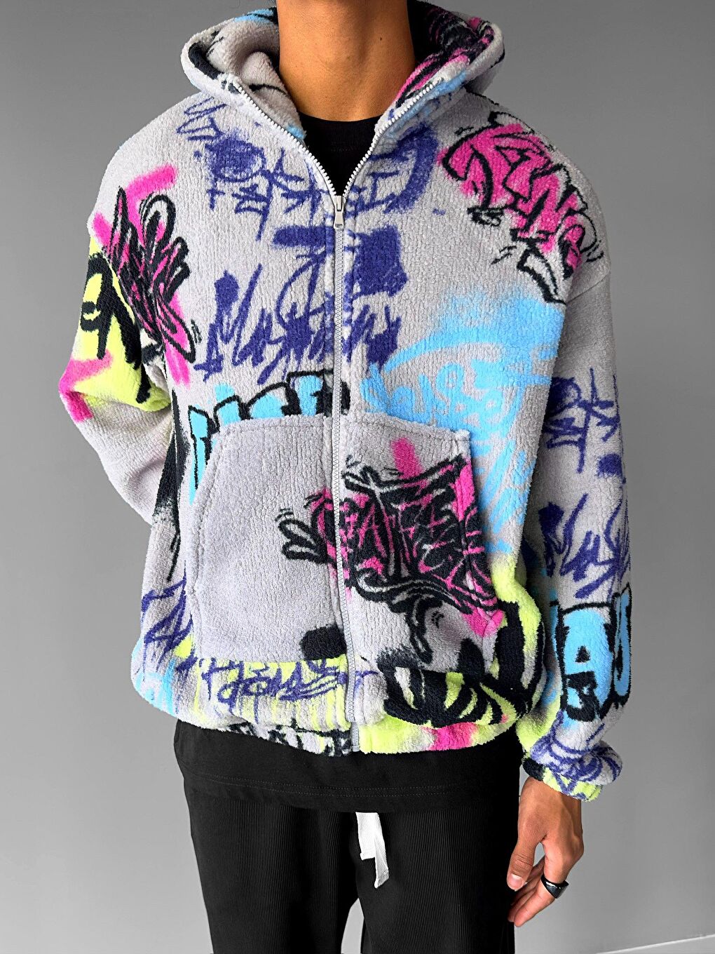 Oversize Graffiti Erkek Fermuarlı Sweatshirt Hırka Gri-1