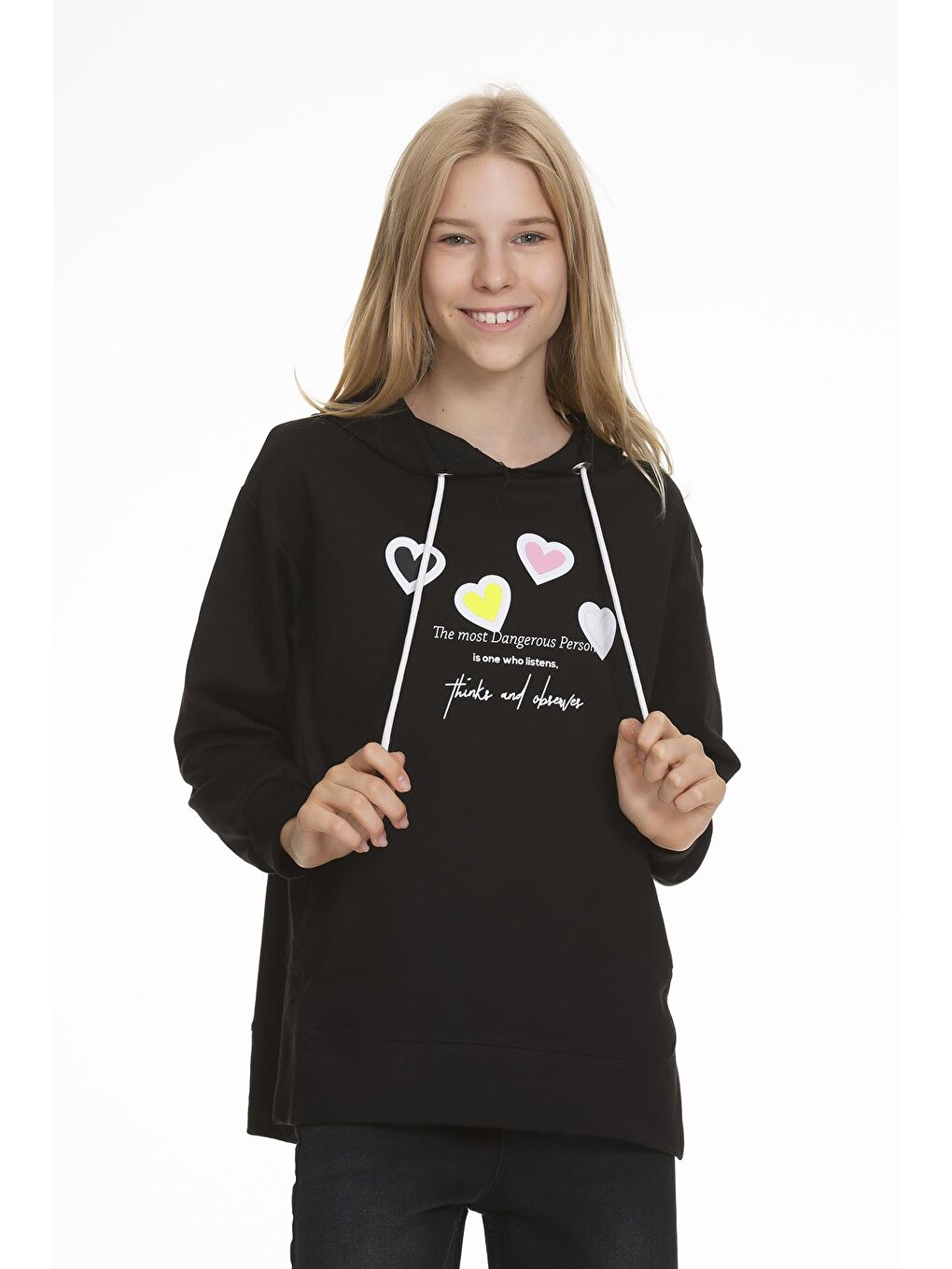 Siyah Kız Çocuk Kalp Baskılı Hoodie 9-14 Yaş Lx161