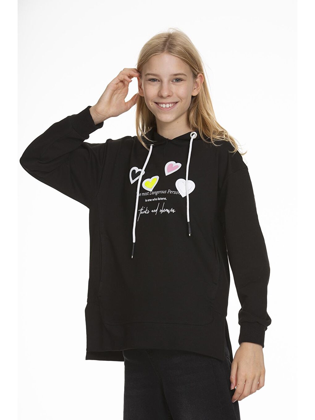 Siyah Kız Çocuk Kalp Baskılı Hoodie 9-14 Yaş Lx161-1