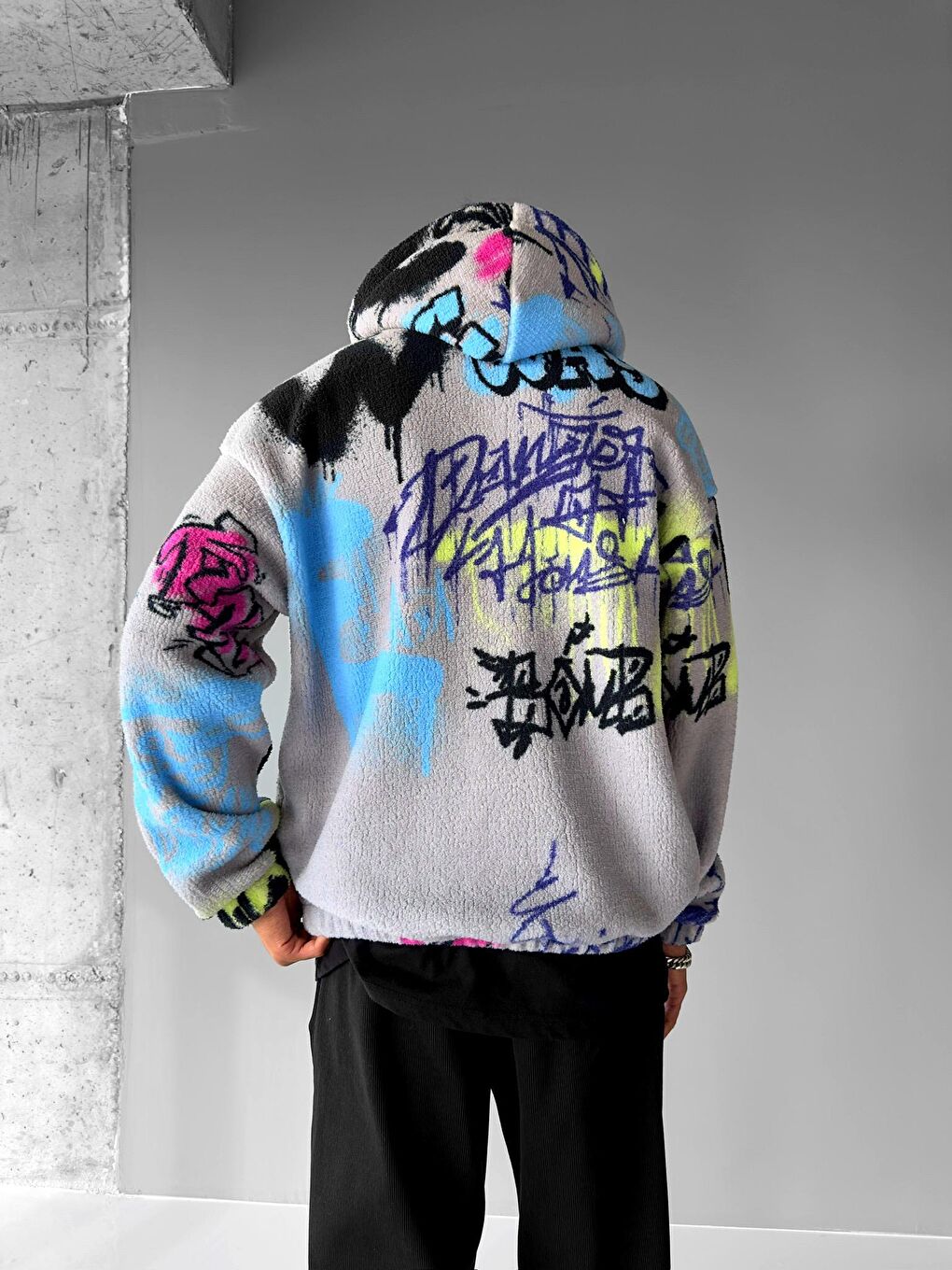 Oversize Graffiti Erkek Fermuarlı Sweatshirt Hırka Gri-2