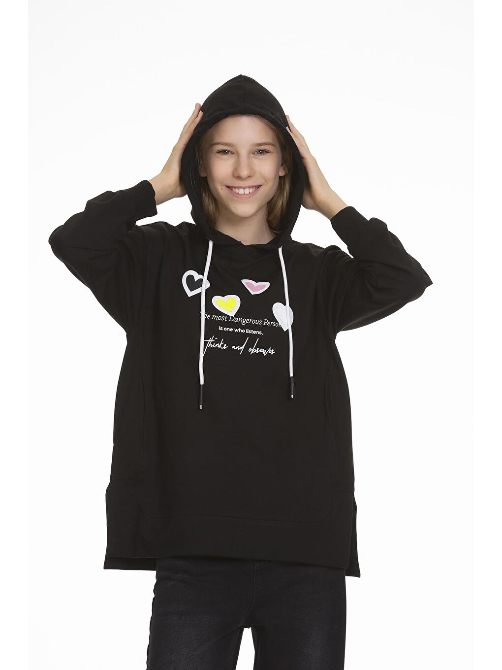 Siyah Kız Çocuk Kalp Baskılı Hoodie 9-14 Yaş Lx161-2