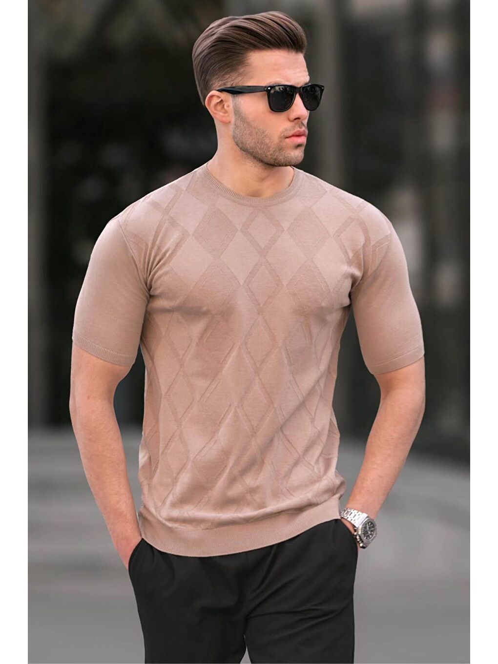 Bej Vizon Baklava Desenli Triko Kısa Kollu Tişört 6354