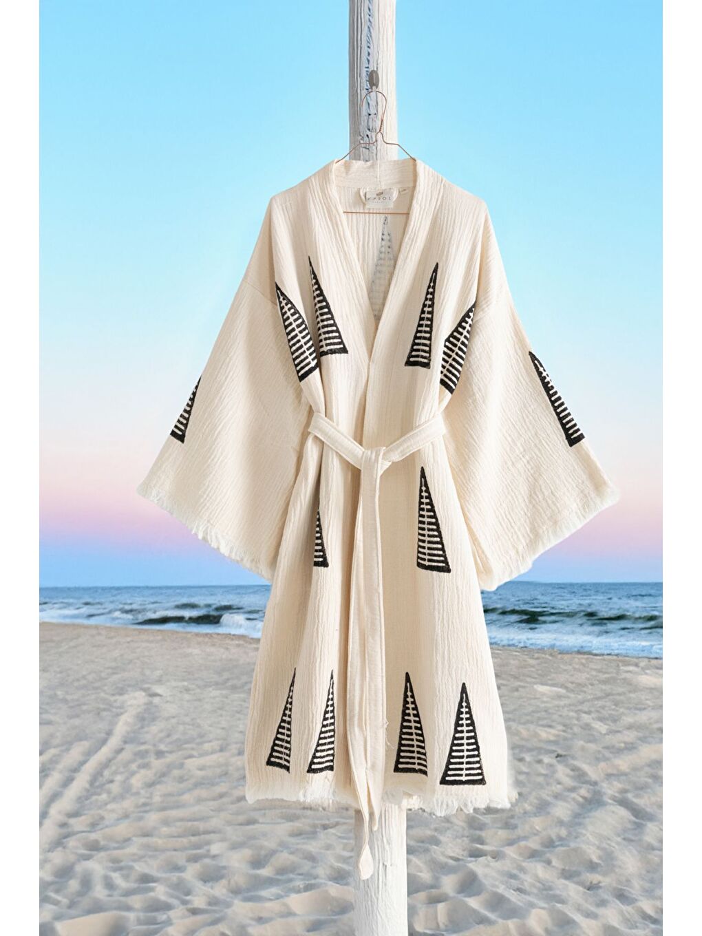 Ekru Organik %100 Pamuk Kimono Yaka Sabalık Bornoz Plaj Elbisesi - Piramit - L/XL KREM/L/XL