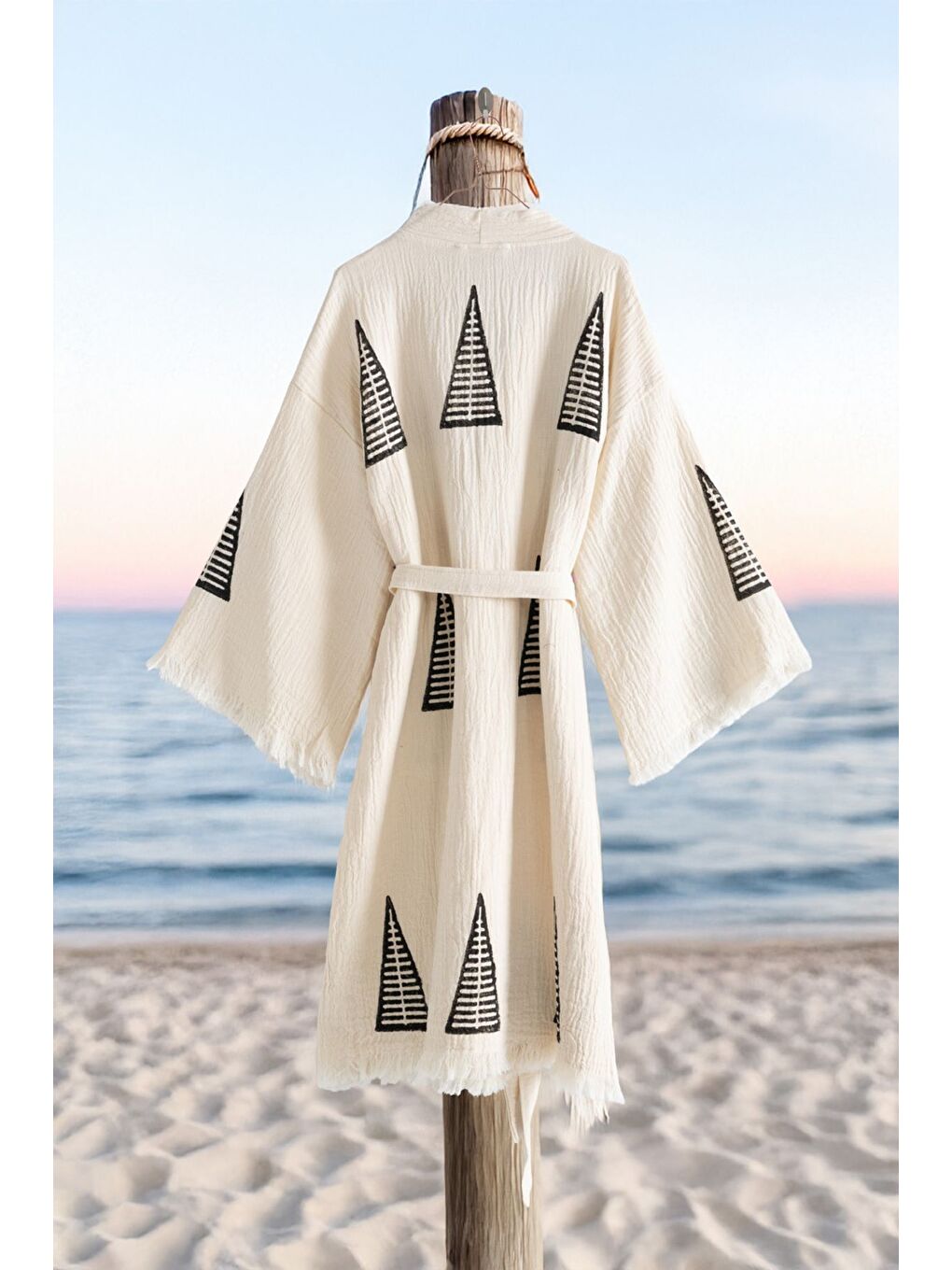 Ekru Organik %100 Pamuk Kimono Yaka Sabalık Bornoz Plaj Elbisesi - Piramit - L/XL KREM/L/XL-1