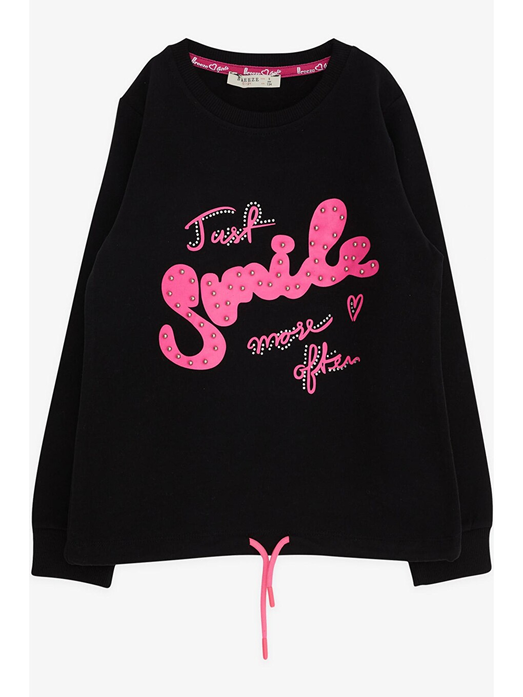 Kız Çocuk Sweatshirt İncili Taşlı Beli Bağcıklı Siyah (9 Yaş)
