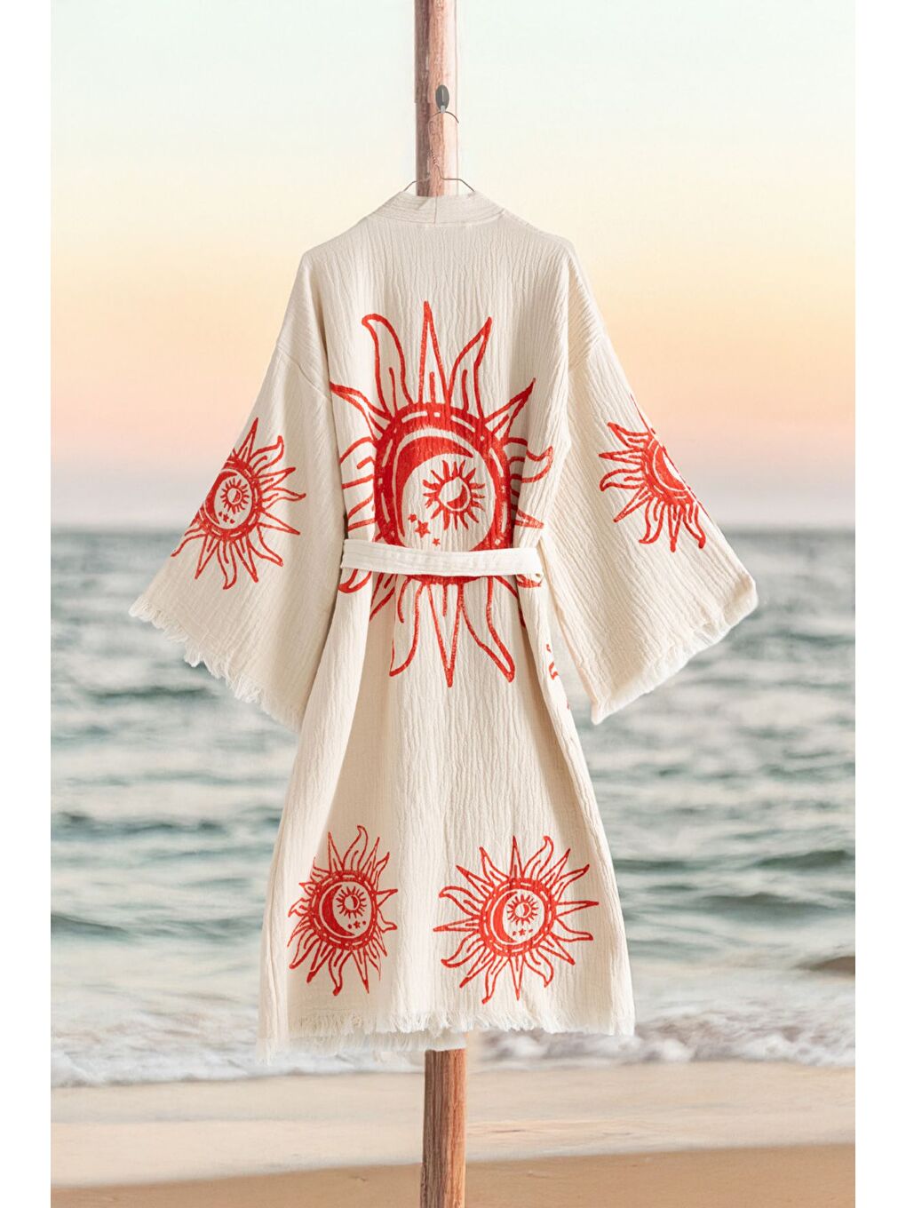 Ekru Organik %100 Pamuk Kimono Yaka Sabalık Bornoz Plaj Elbisesi - Heliona v1 - S/M KREM/S/M-1