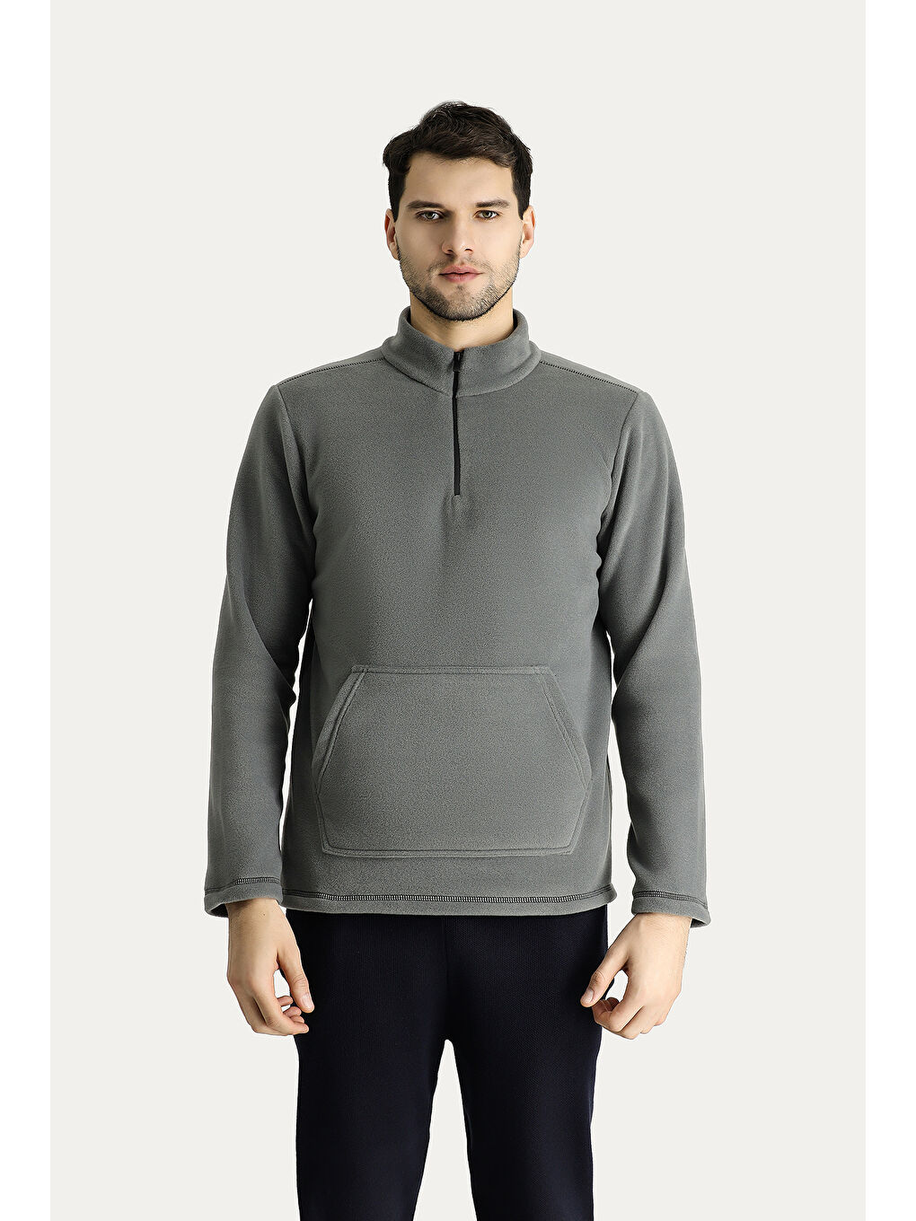 Gri Yarım Fermuarlı Polar Büyük Beden Sweatshirt-3