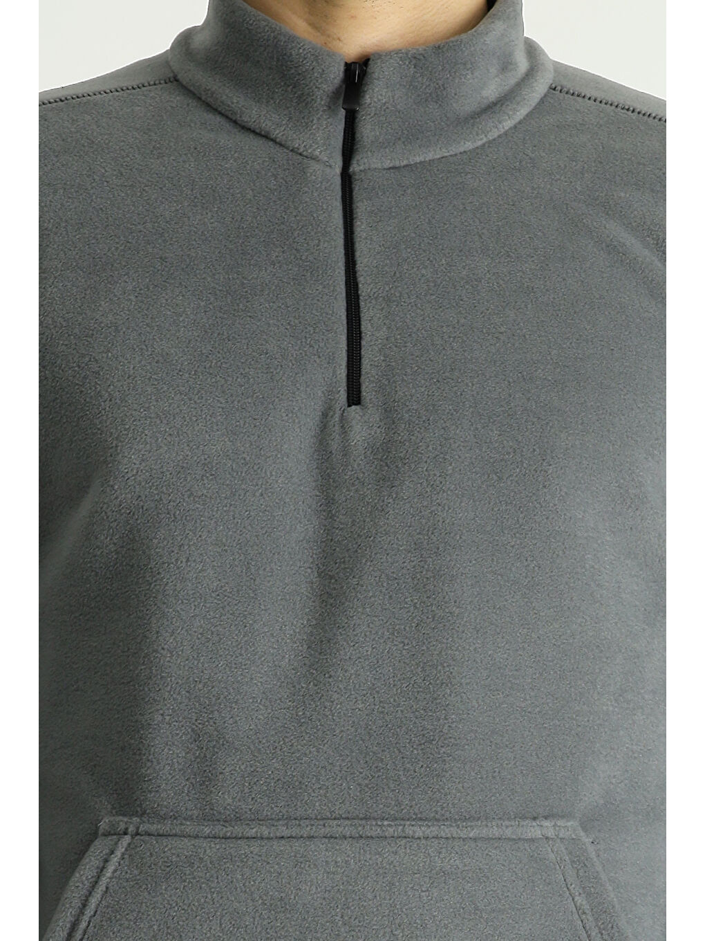 Gri Yarım Fermuarlı Polar Büyük Beden Sweatshirt-5