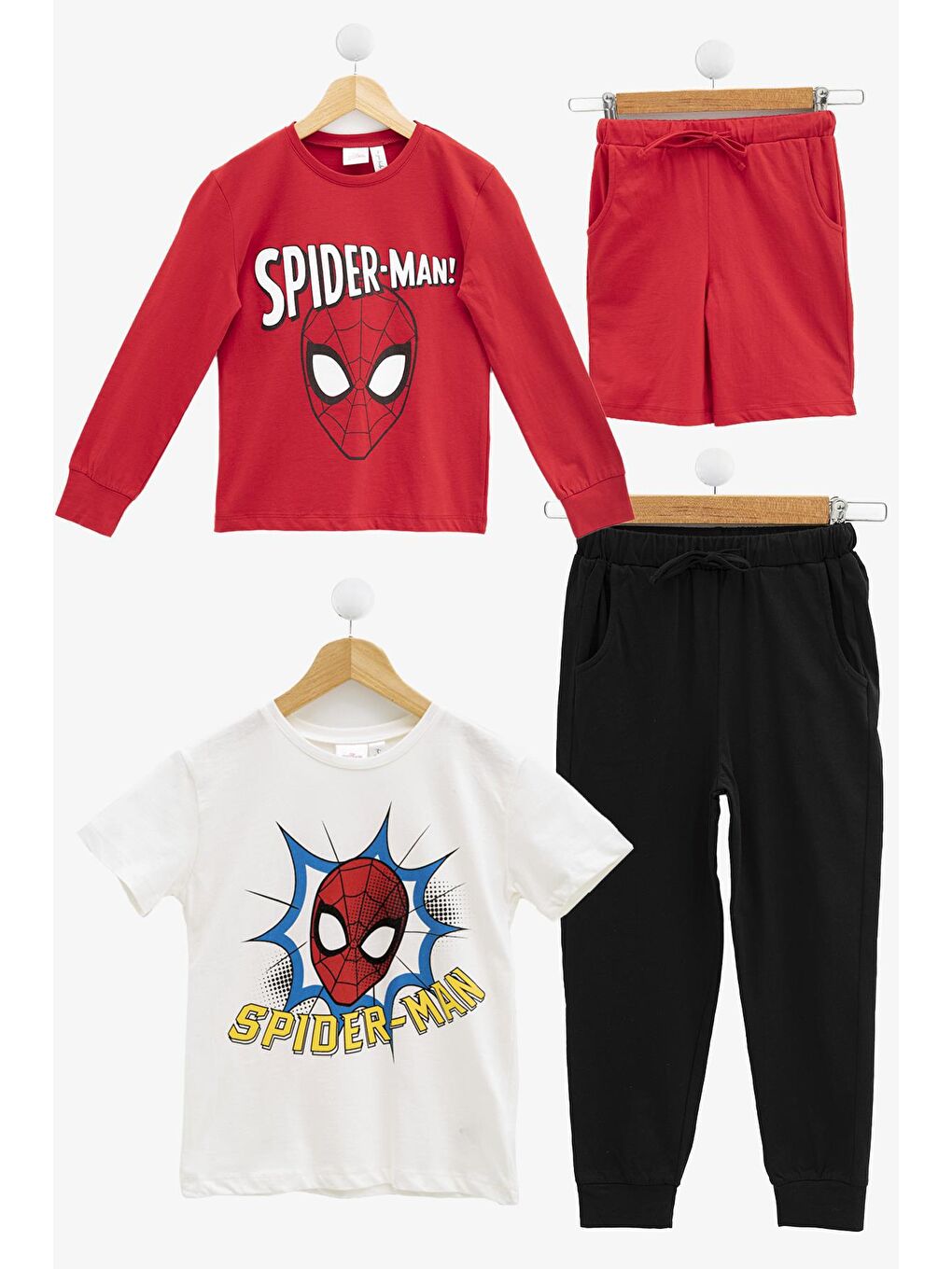 For You Kids 4'lü SPİDER-MAN Baskılı Tshirt Şort Pantolon Kırmızı Takım