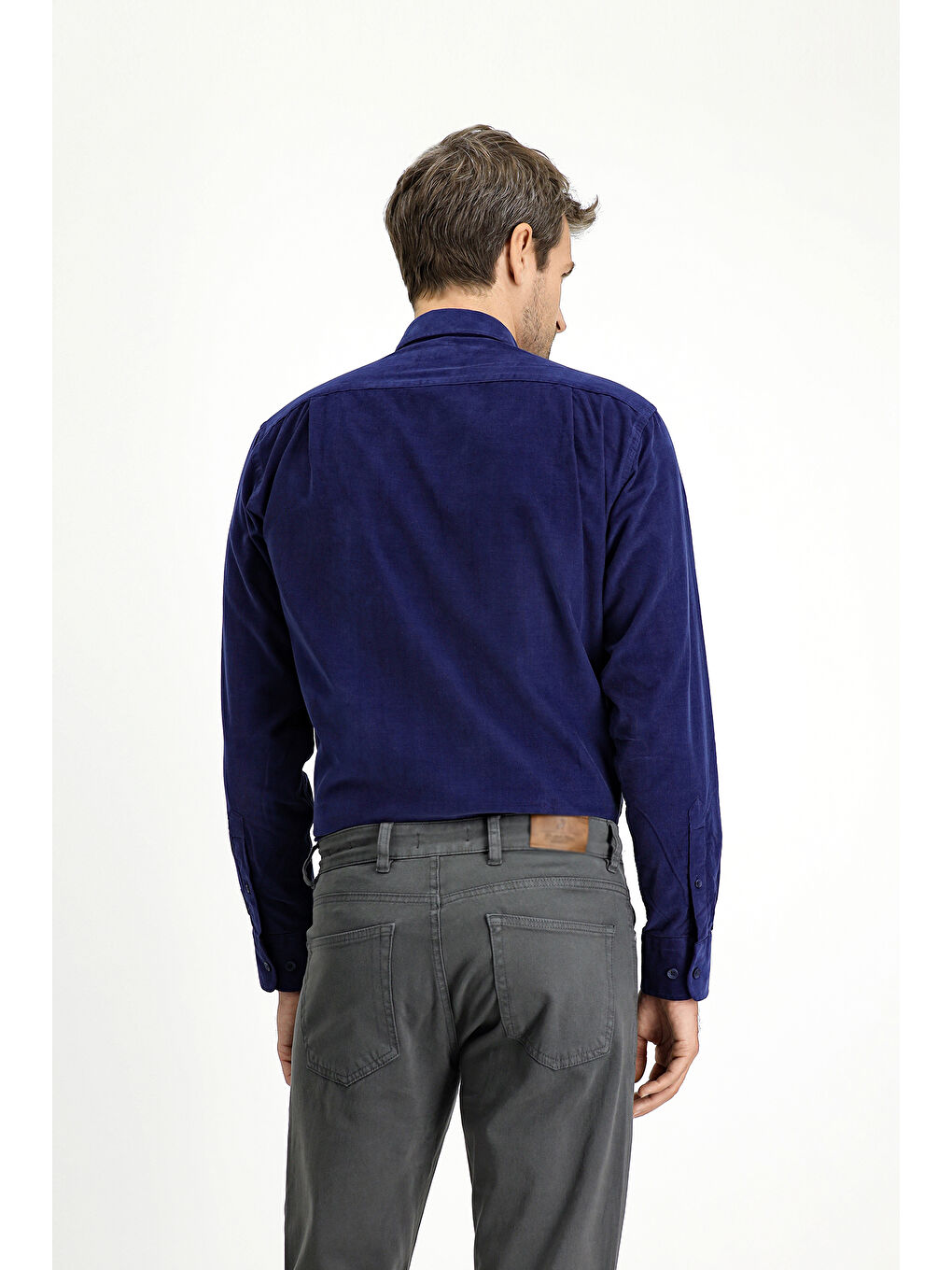 Lacivert Uzun Kol Regular Fit Spor Düğmeli Yaka Pamuk Kadife Gömlek-3