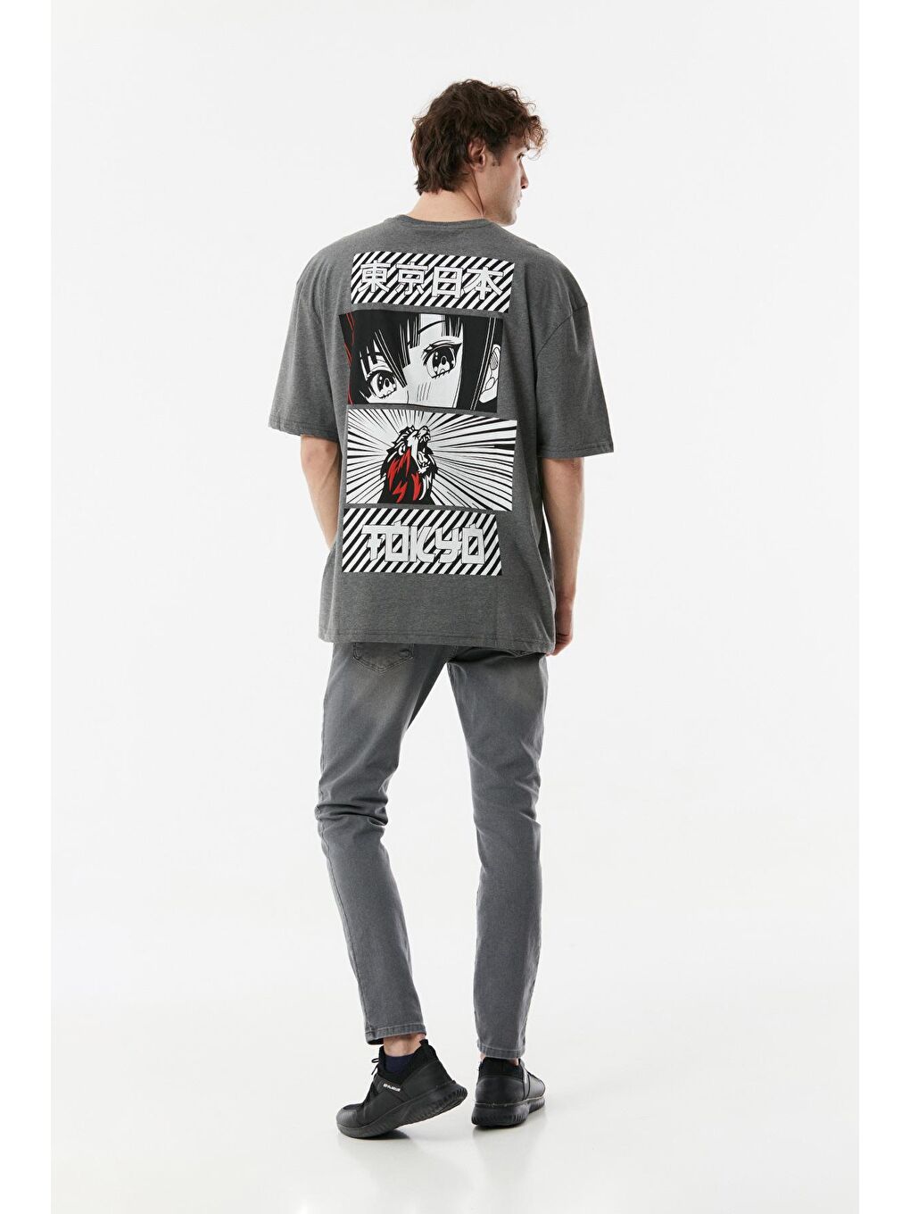 Antrasit Tokyo Baskılı Oversize Tişört-2