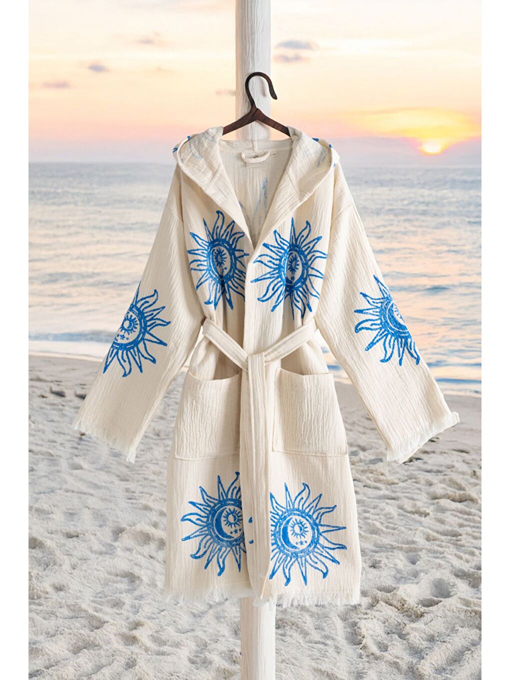Mavi Organik %100 Pamuk Kapüşonlu Sabalık Bornoz Plaj Elbisesi - Heliona V2 - S/M KREM/S/M
