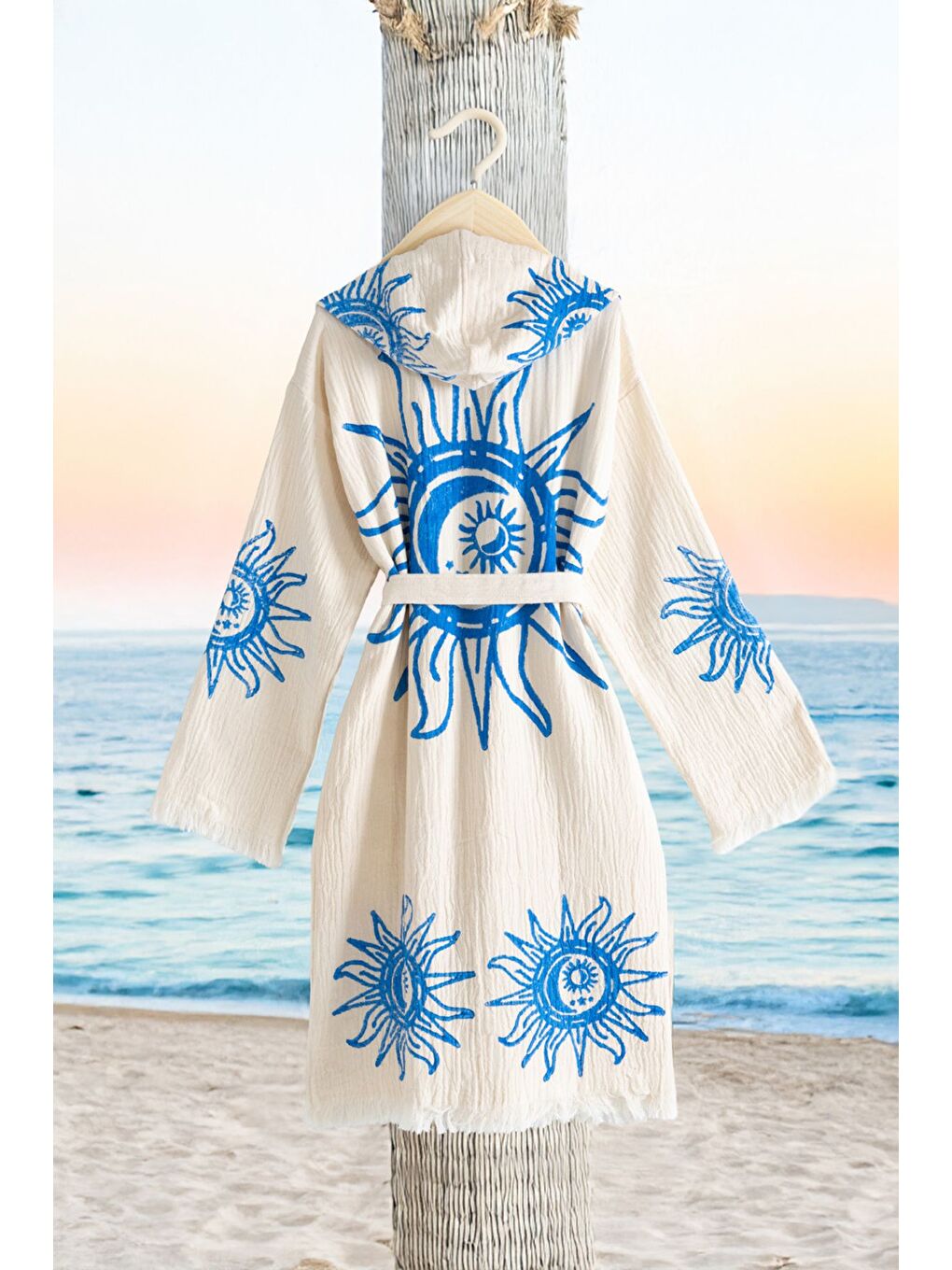 Mavi Organik %100 Pamuk Kapüşonlu Sabalık Bornoz Plaj Elbisesi - Heliona V2 - S/M KREM/S/M-1