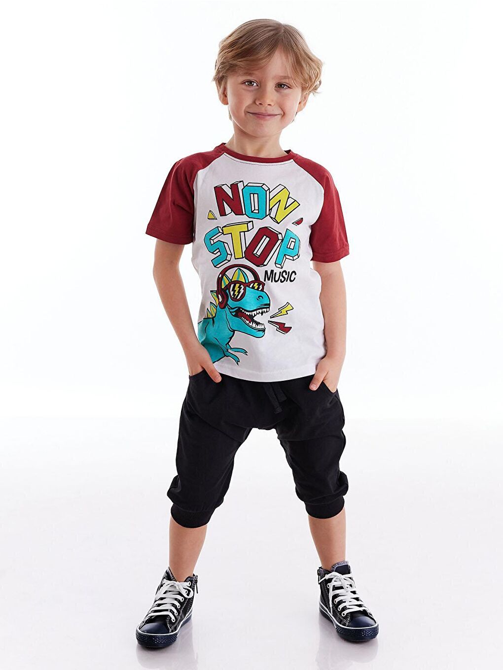 Karışık Dino Music Erkek Çocuk Tişört Kapri Şort Takım