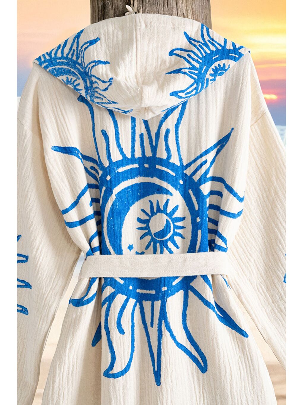 Mavi Organik %100 Pamuk Kapüşonlu Sabalık Bornoz Plaj Elbisesi - Heliona V2 - S/M KREM/S/M-2