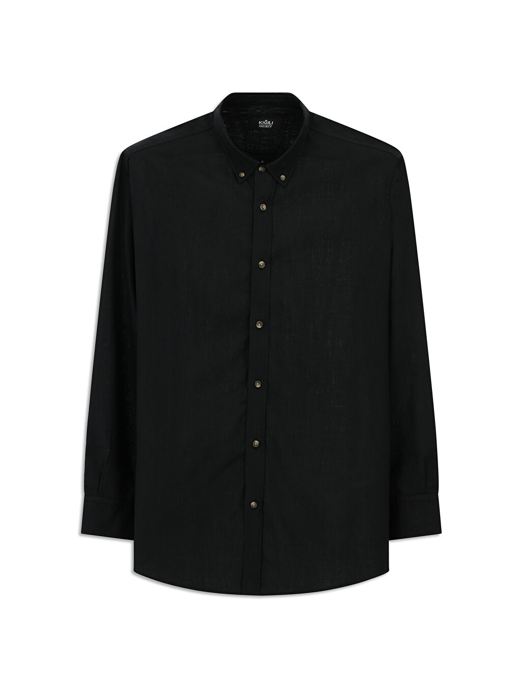 Siyah Uzun Kol Regular Fit Düğmeli Yaka Keten Görünümlü Spor Pamuk Gömlek-6