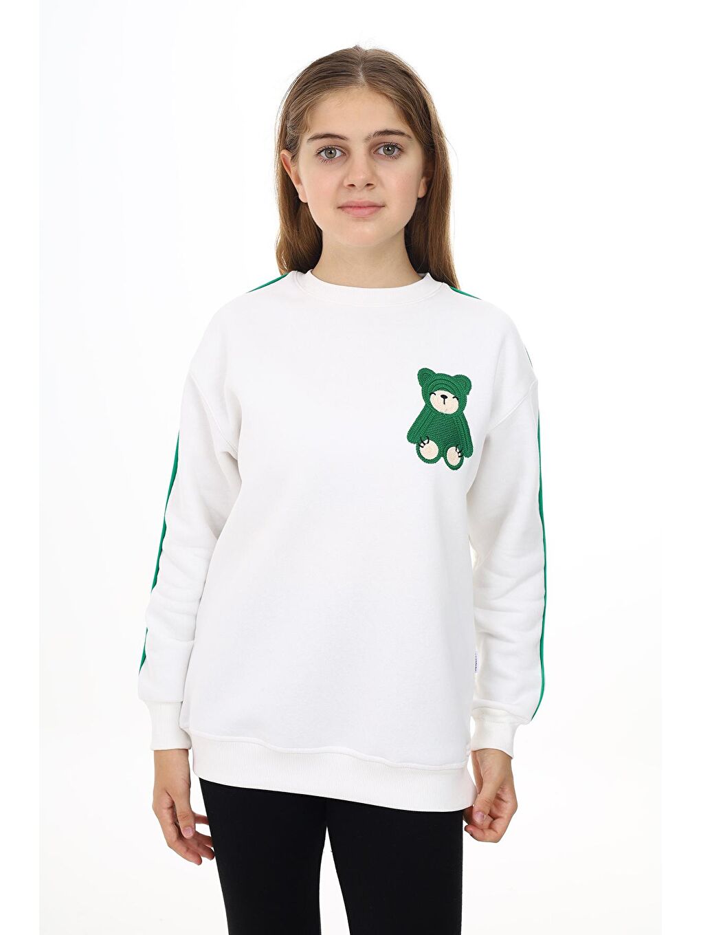 Beyaz Kız Çocuk Ayıcık Nakışlı 3 İplik Sweatshirt 7-13 Yaş Lx270.1
