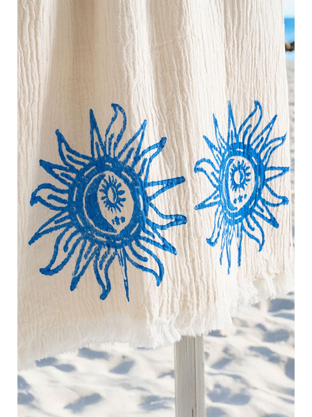 Mavi Organik %100 Pamuk Kapüşonlu Sabalık Bornoz Plaj Elbisesi - Heliona V2 - S/M KREM/S/M-3