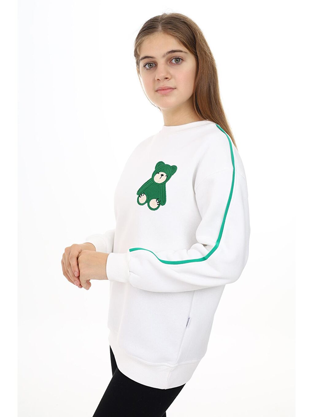 Beyaz Kız Çocuk Ayıcık Nakışlı 3 İplik Sweatshirt 7-13 Yaş Lx270.1-1