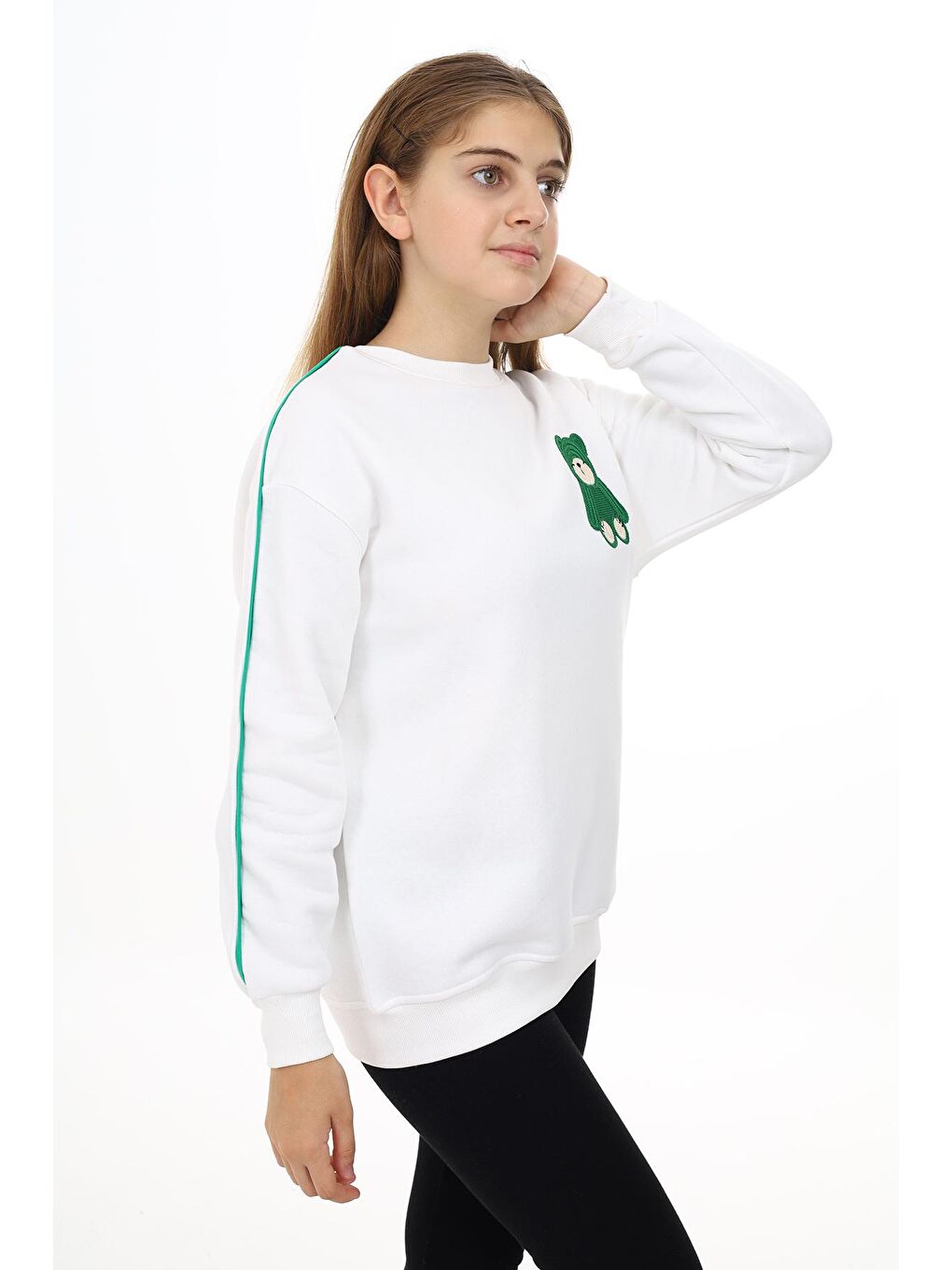 Beyaz Kız Çocuk Ayıcık Nakışlı 3 İplik Sweatshirt 7-13 Yaş Lx270.1-2