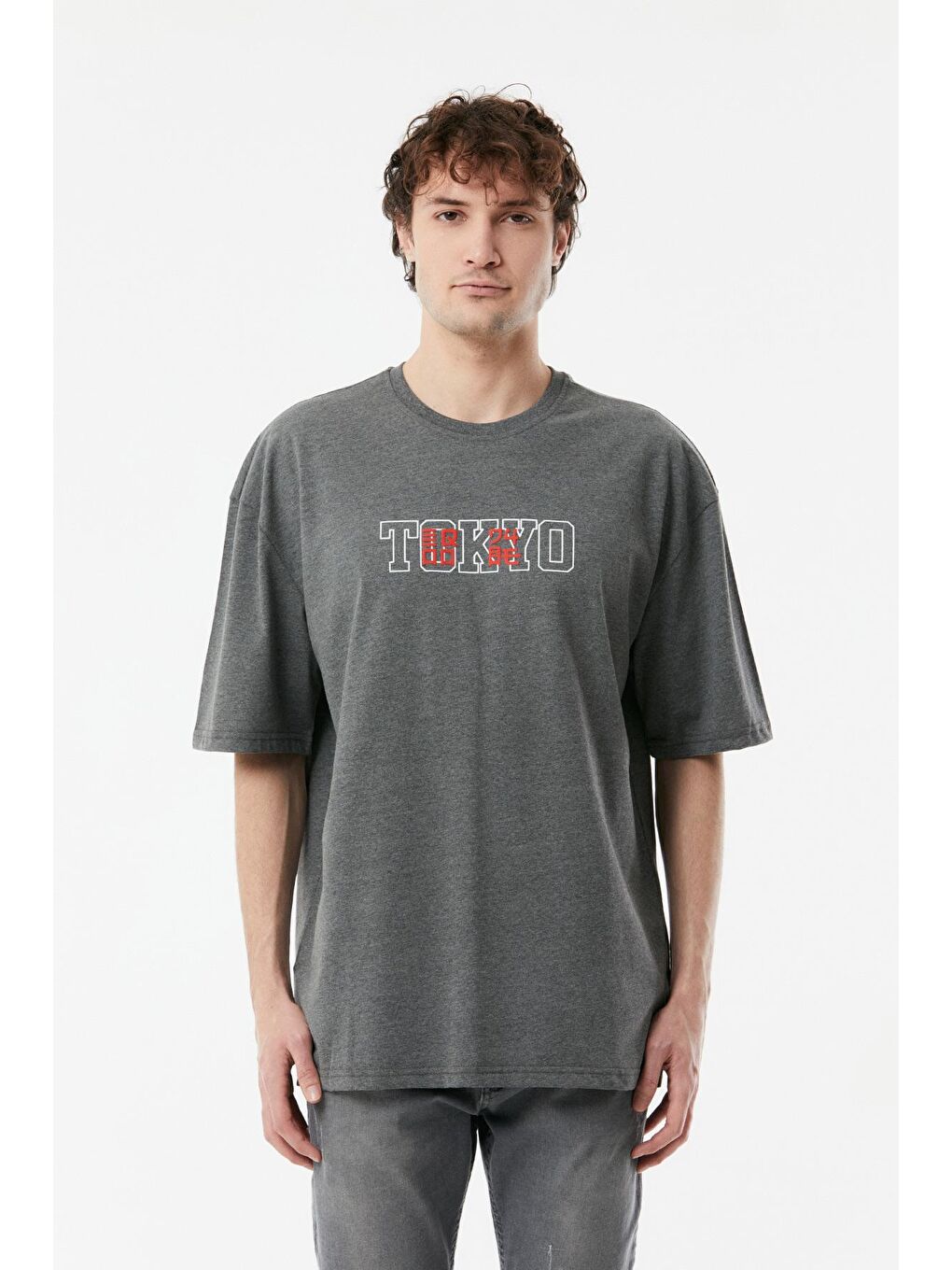 Antrasit Tokyo Baskılı Oversize Tişört-4