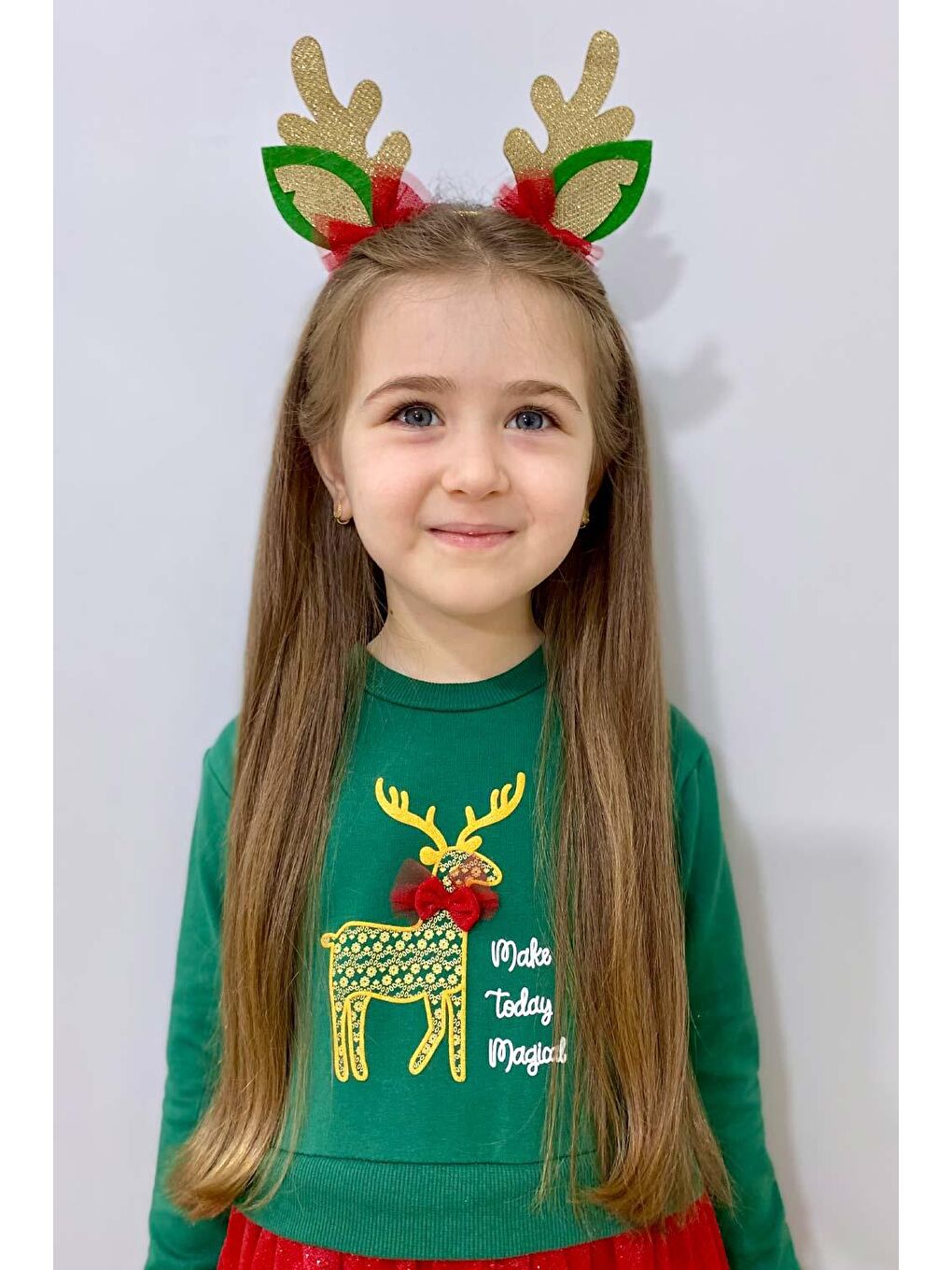 Kırmızı  Fiyonklu Geyik Baskılı Kız Çocuk Elbise - Camilla-1