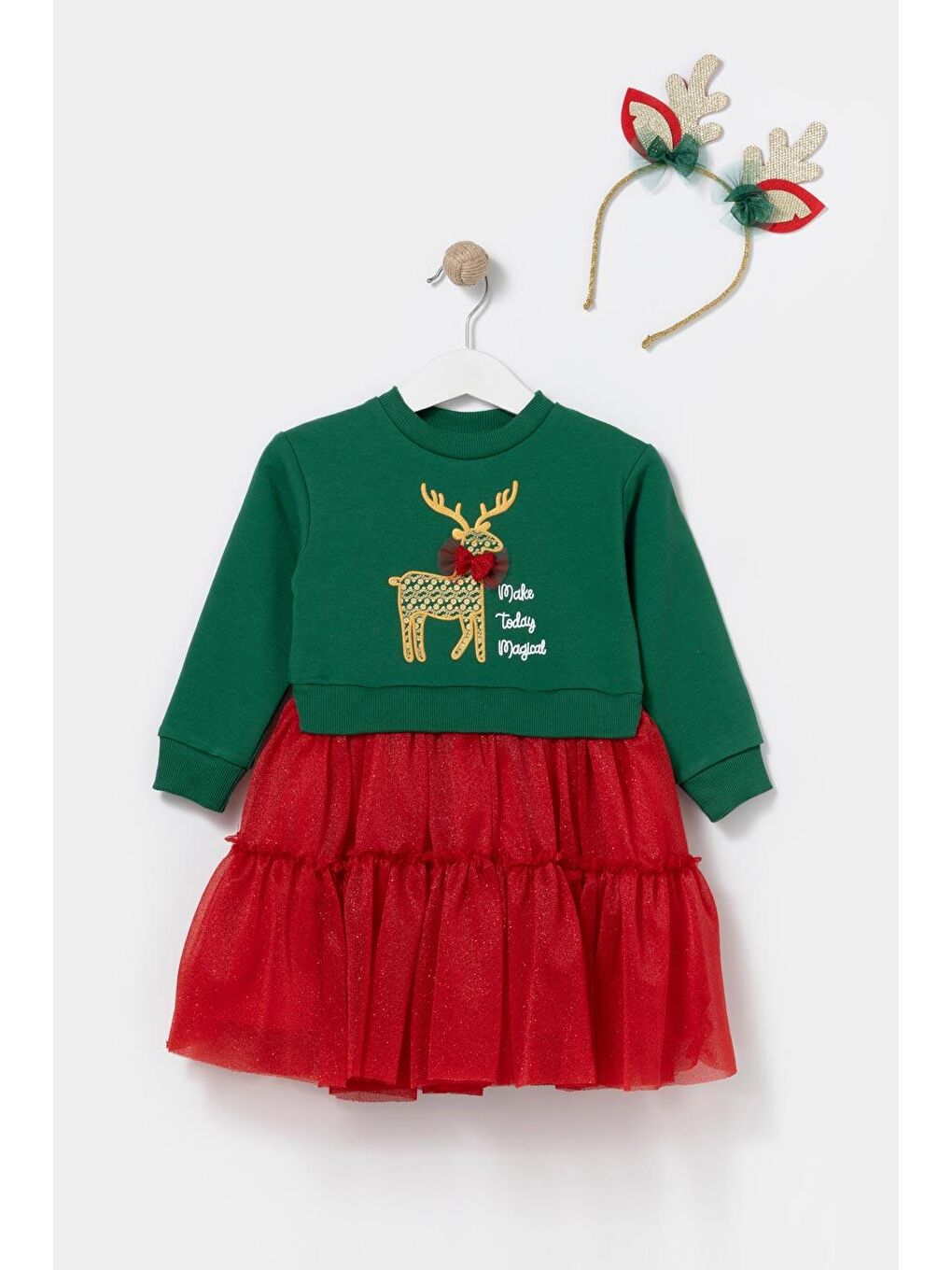 Kırmızı  Fiyonklu Geyik Baskılı Kız Çocuk Elbise - Camilla-2