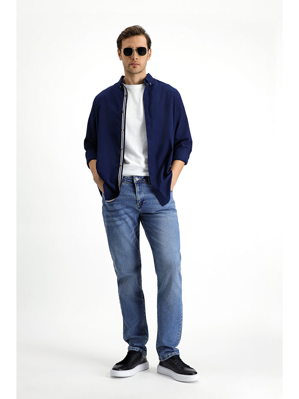 Lacivert Uzun Kol Regular Fit Düğmeli Yaka Keten Görünümlü Spor Pamuk %100 Pamuk Gömlek-2