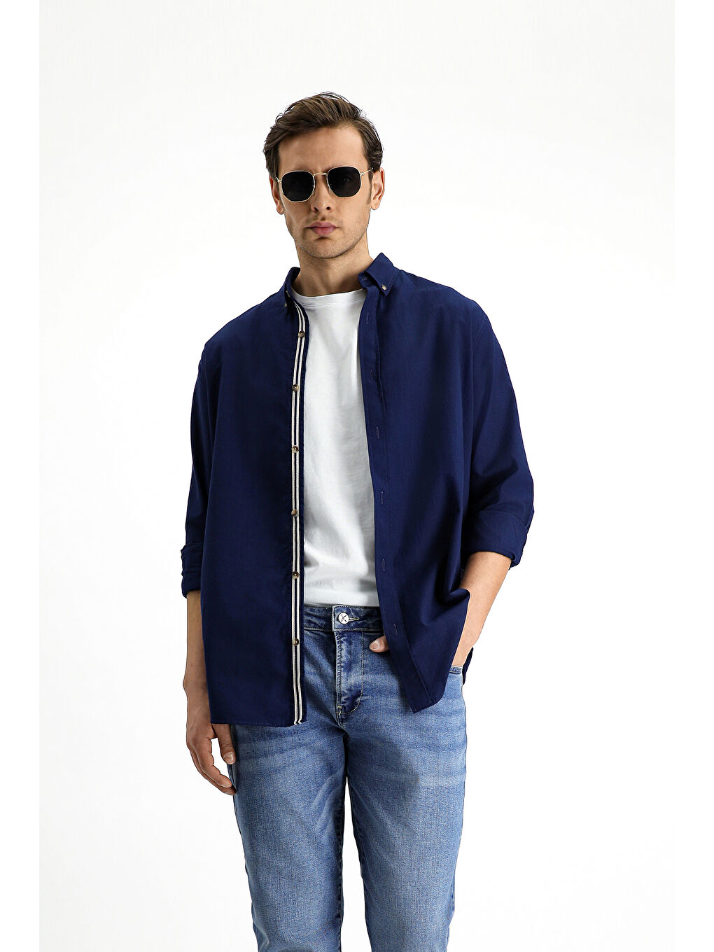 Lacivert Uzun Kol Regular Fit Düğmeli Yaka Keten Görünümlü Spor Pamuk %100 Pamuk Gömlek-3