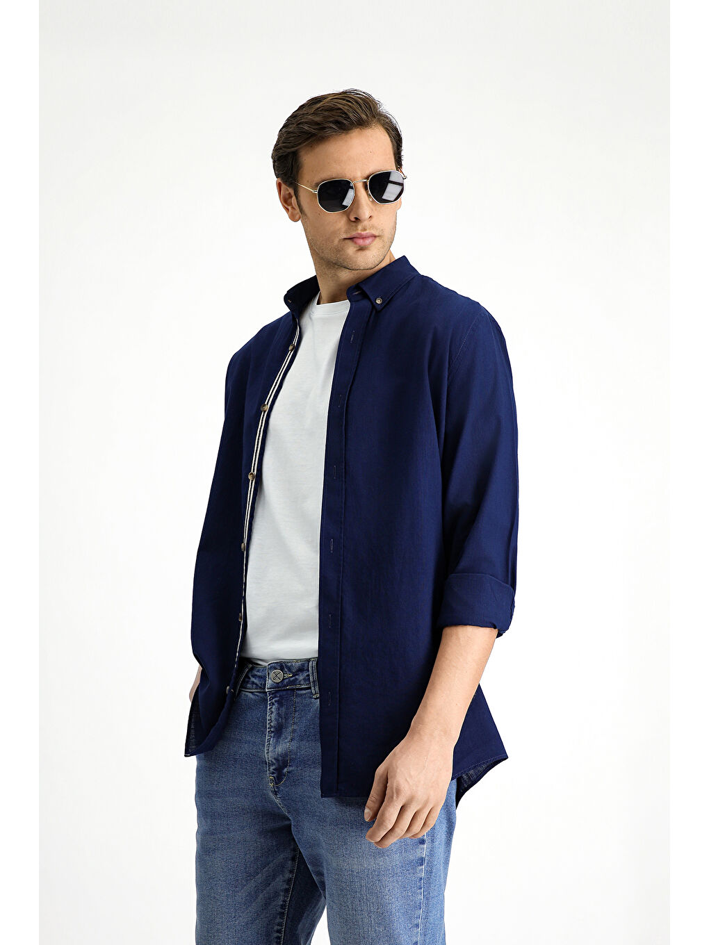 Lacivert Uzun Kol Regular Fit Düğmeli Yaka Keten Görünümlü Spor Pamuk %100 Pamuk Gömlek-4