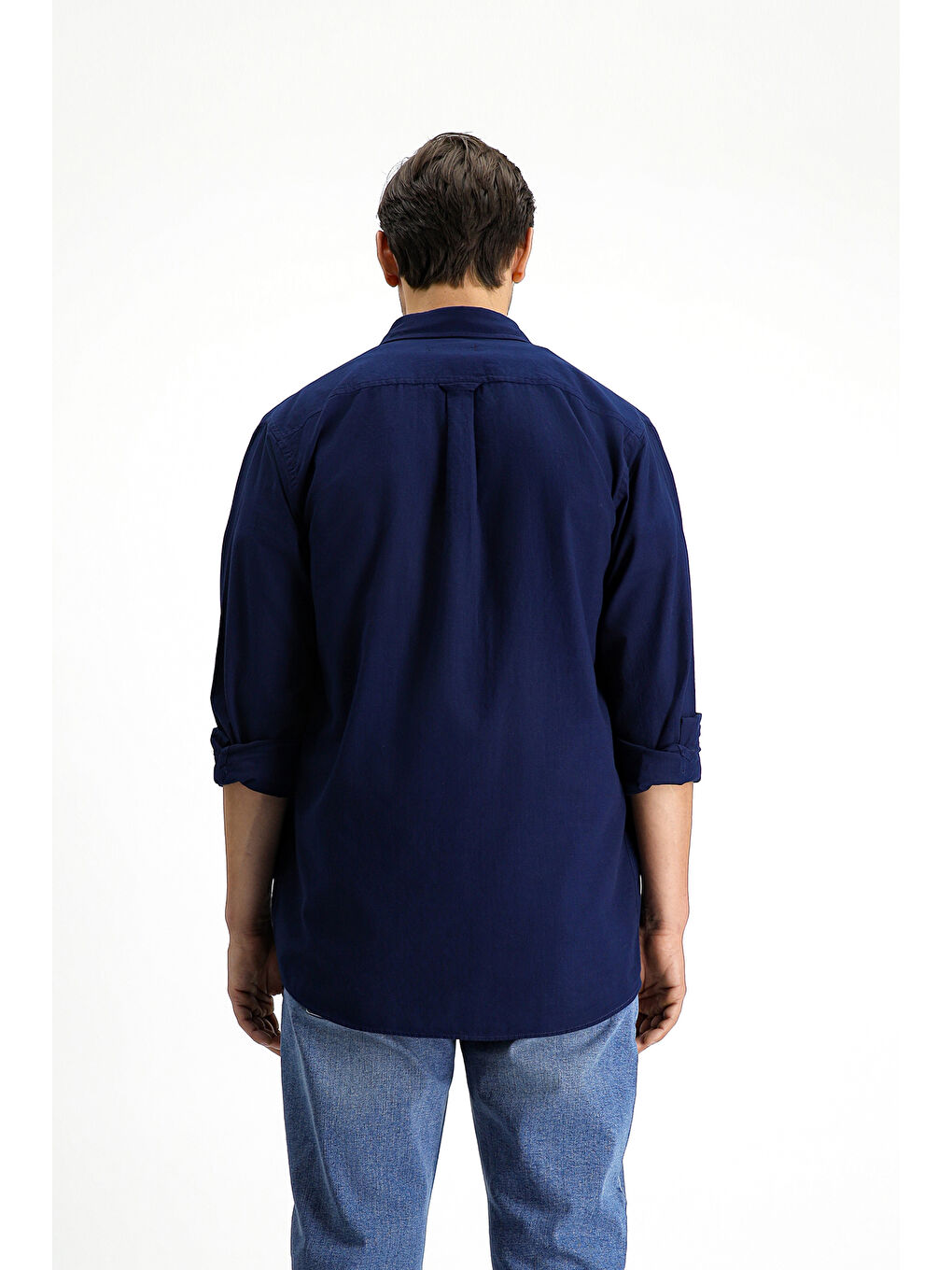Lacivert Uzun Kol Regular Fit Düğmeli Yaka Keten Görünümlü Spor Pamuk %100 Pamuk Gömlek-5