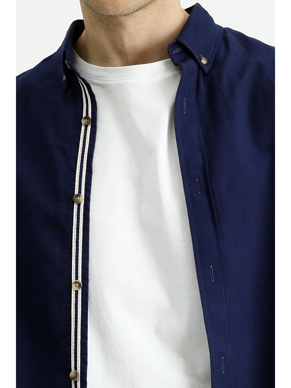 Lacivert Uzun Kol Regular Fit Düğmeli Yaka Keten Görünümlü Spor Pamuk %100 Pamuk Gömlek-6