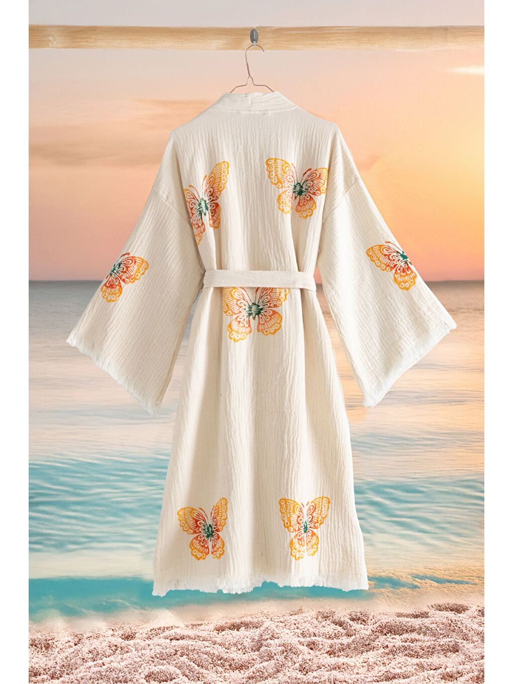 Turuncu Organik %100 Pamuk Kimono Yaka Sabalık Bornoz Plaj Elbisesi - Kelebek - S/M KREM/S/M-1