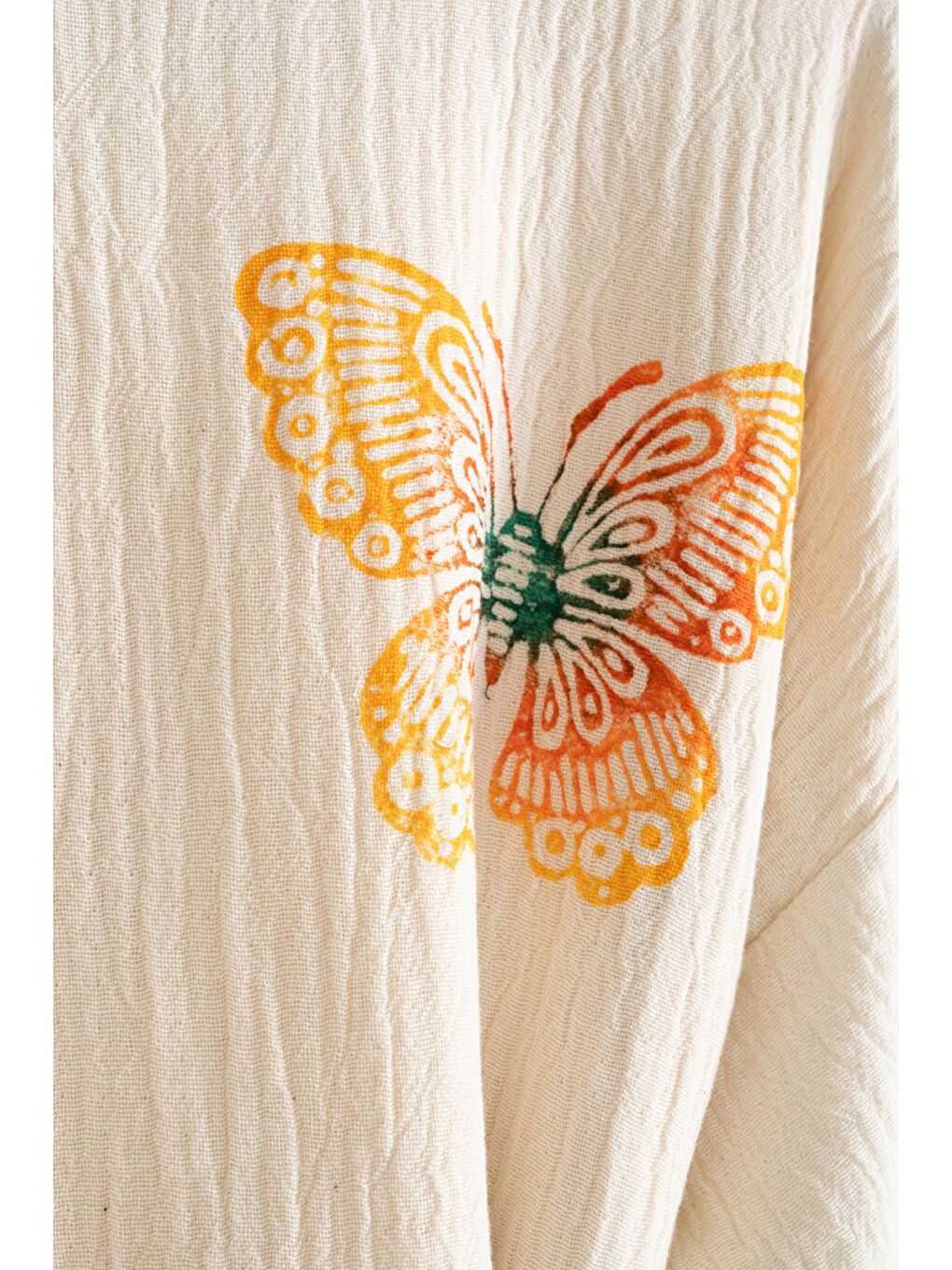 Turuncu Organik %100 Pamuk Kimono Yaka Sabalık Bornoz Plaj Elbisesi - Kelebek - S/M KREM/S/M-2