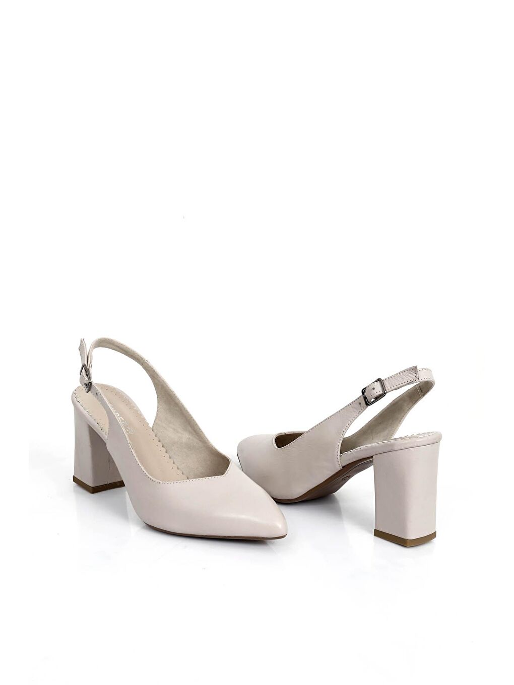 Bej BEJ  Hakiki Deri Sivri Burun Yüksek Kalın Topuklu Arkası Açık Kadın Yazlık Ayakkabı 24174