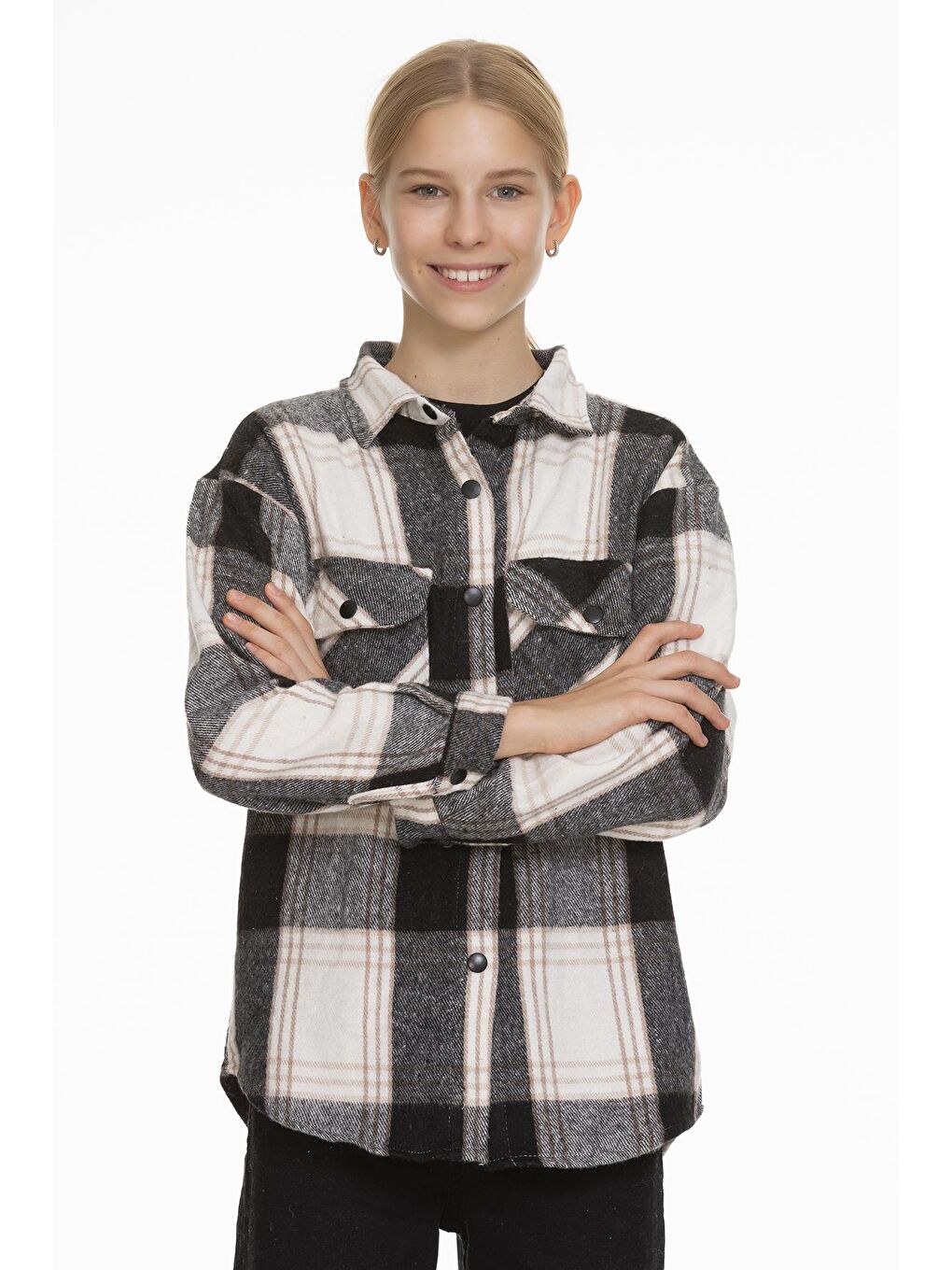 Antrasit Kız Çocuk Sırtı Pileli Ekose Gömlek 9-14 Yaş Lx170-2