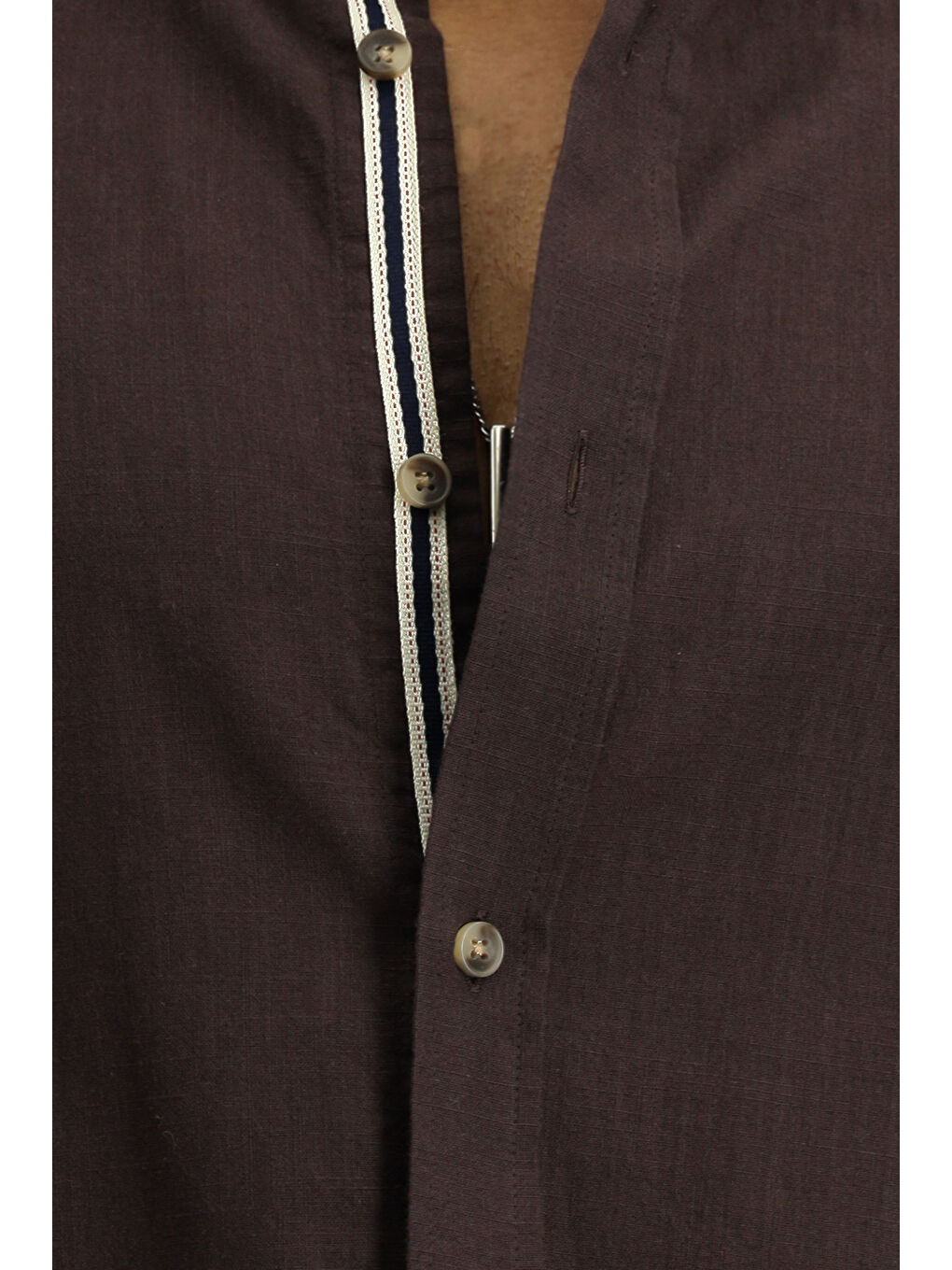 Kahverengi Uzun Kol Regular Fit Düğmeli Yaka Keten Görünümlü Spor Pamuk Gömlek-7