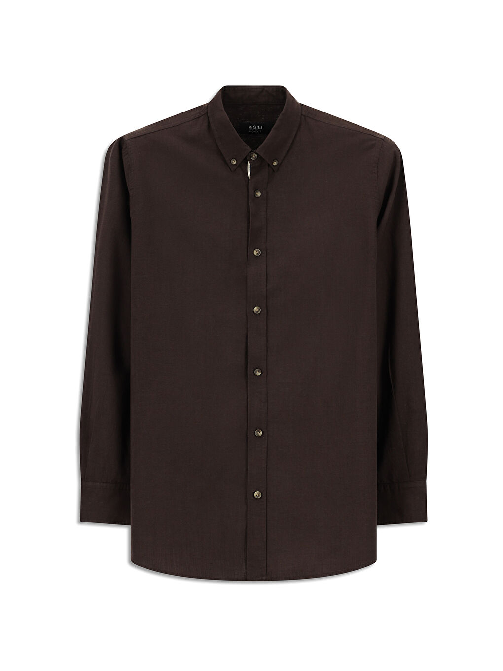 Kahverengi Uzun Kol Regular Fit Düğmeli Yaka Keten Görünümlü Spor Pamuk Gömlek-8