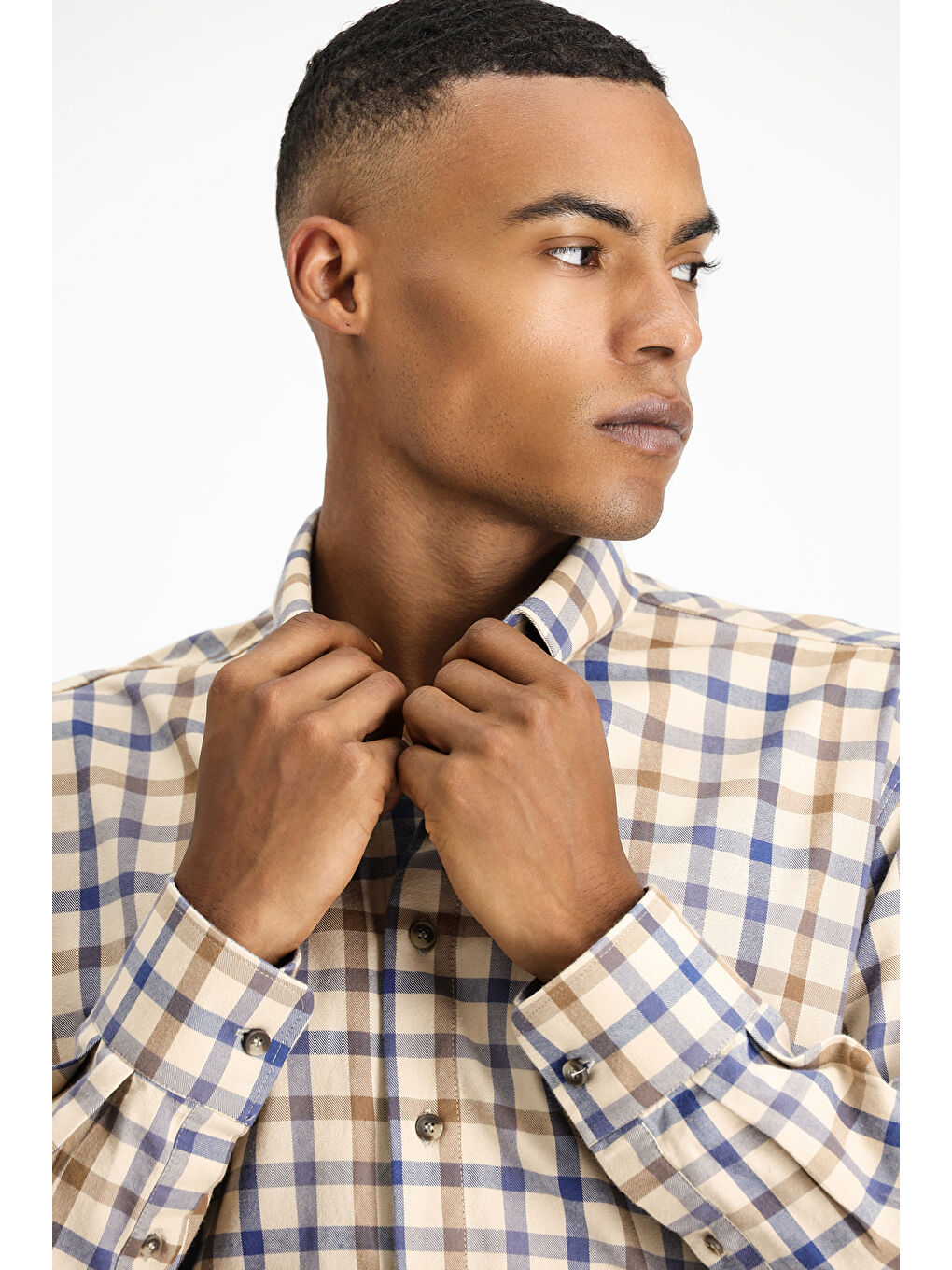 Bej Uzun Kol Regular Fit Ekose Spor Pamuk Düğmeli Yaka %100 Pamuk Gömlek-2