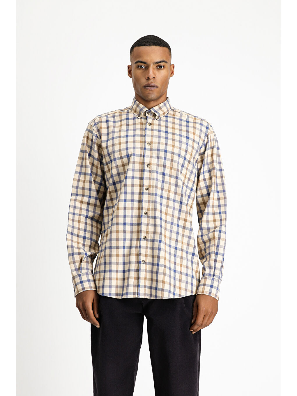 Bej Uzun Kol Regular Fit Ekose Spor Pamuk Düğmeli Yaka %100 Pamuk Gömlek-3