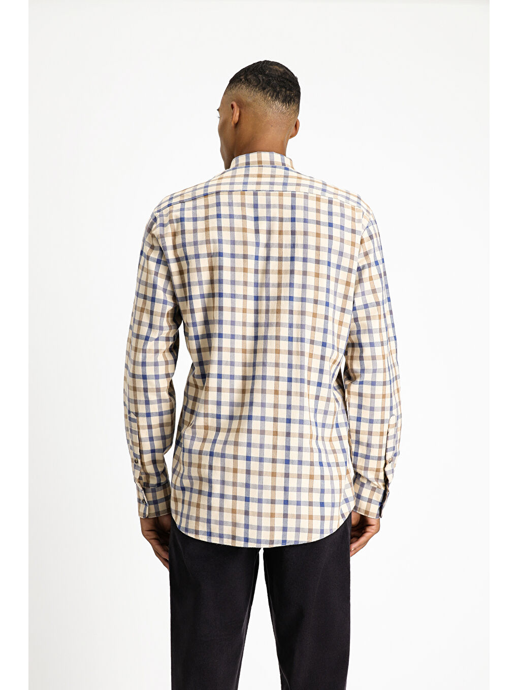 Bej Uzun Kol Regular Fit Ekose Spor Pamuk Düğmeli Yaka %100 Pamuk Gömlek-4