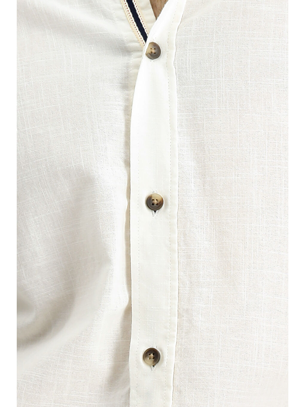 Beyaz Uzun Kol Regular Fit Düğmeli Yaka Keten Görünümlü Spor Pamuk Gömlek-5