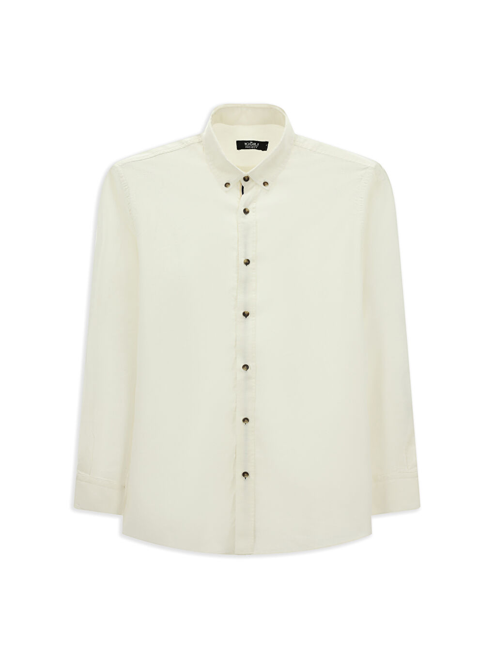 Beyaz Uzun Kol Regular Fit Düğmeli Yaka Keten Görünümlü Spor Pamuk Gömlek-6